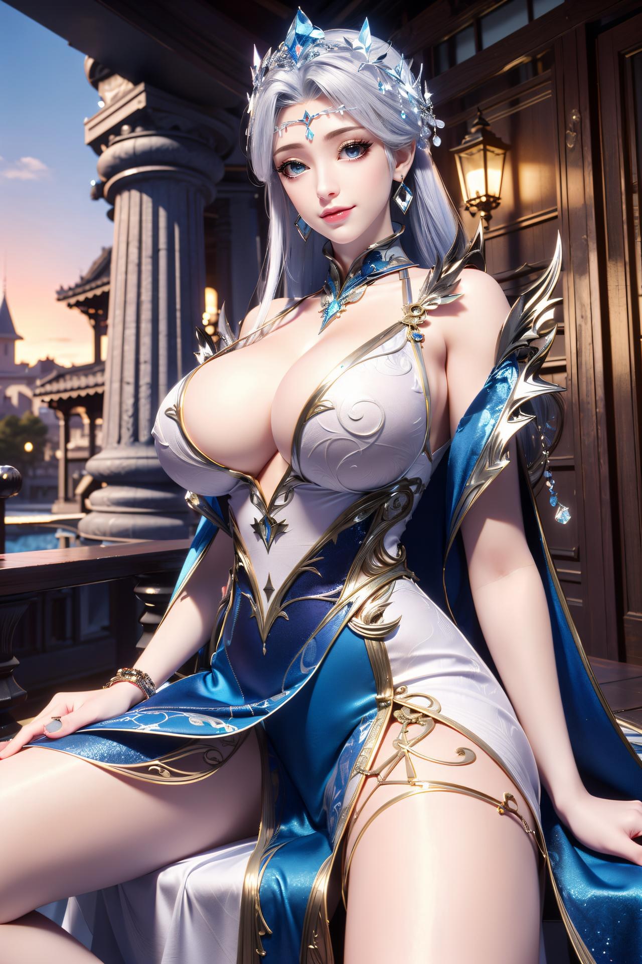 AI Nudes - 寧雨蝶 銀髪青裙水景のAIヌード画像集 75P