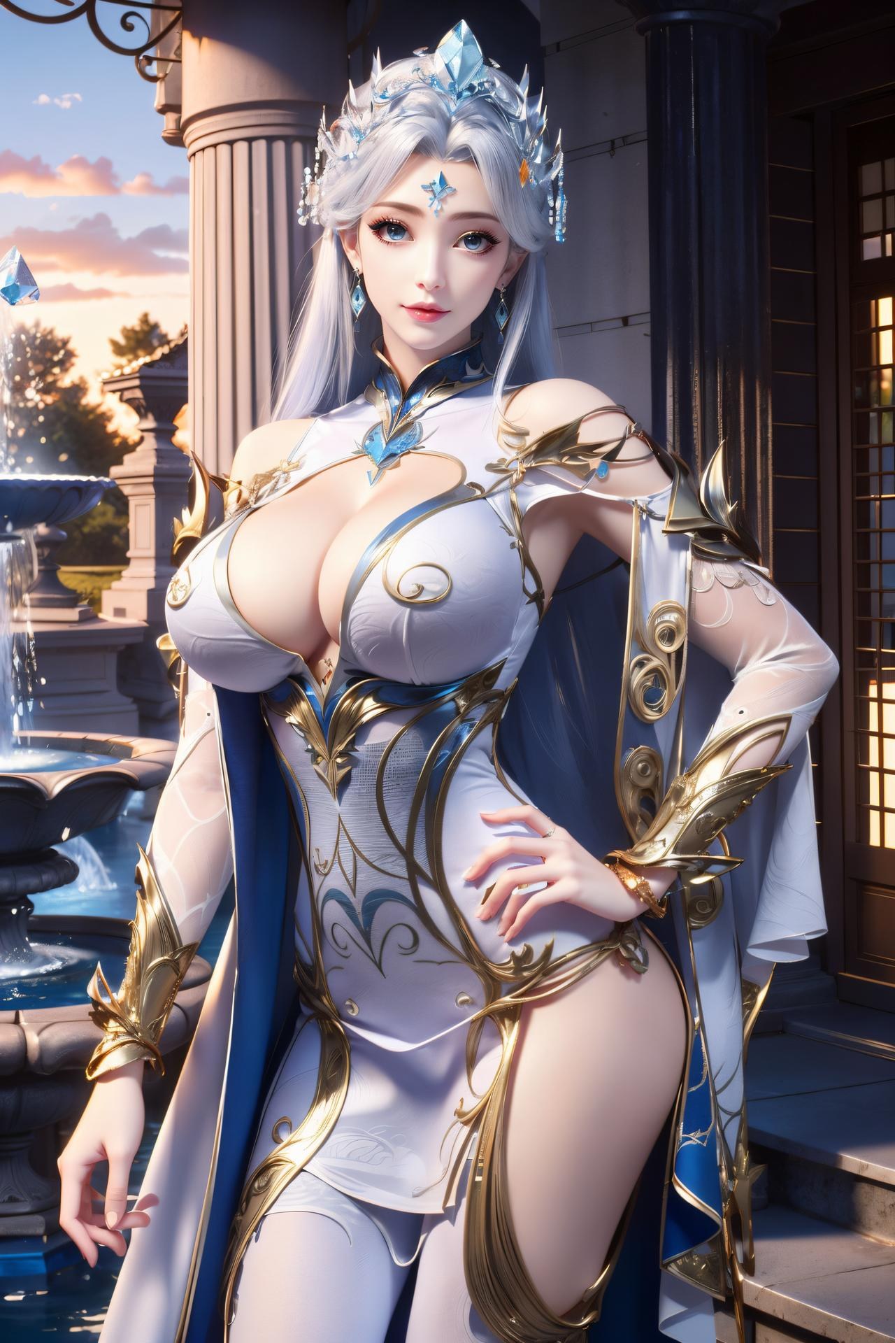 AI Nudes - 寧雨蝶 銀髪青裙水景のAIヌード画像集 75P