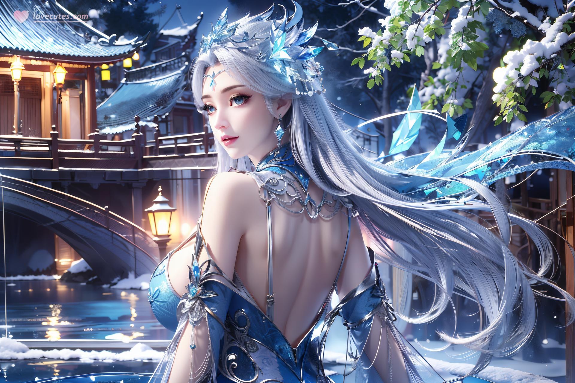 AI Nudes - 寧雨蝶 銀髪青裙水景のAIヌード画像集 75P