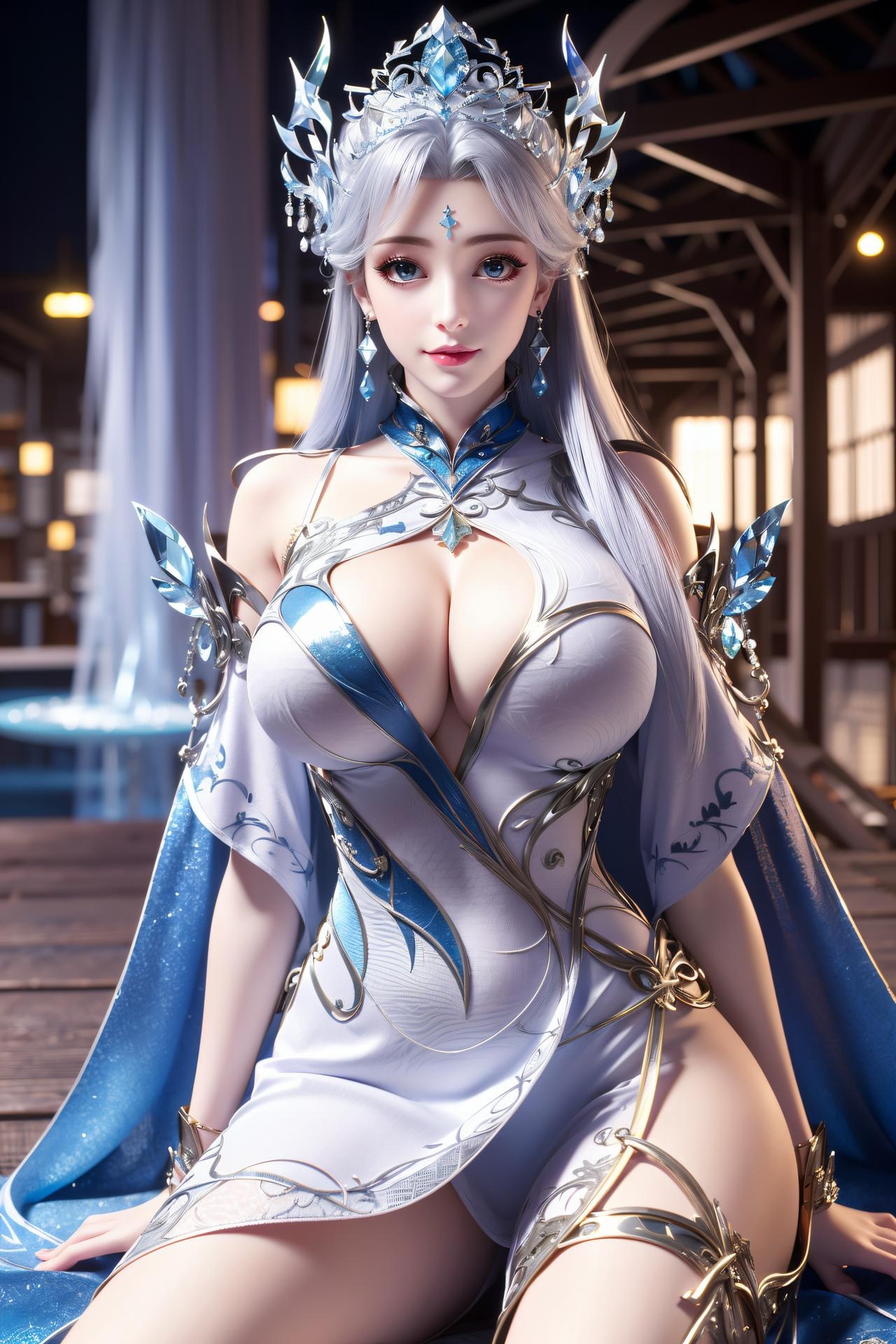 AI Nudes - 寧雨蝶 銀髪青裙水景のAIヌード画像集 75P