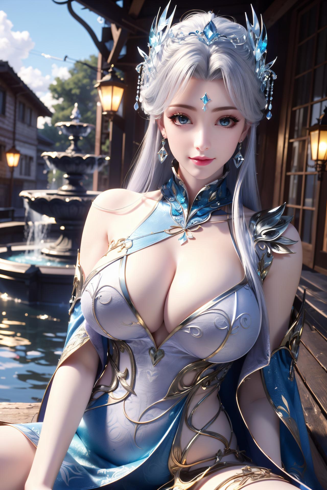 AI Nudes - 寧雨蝶 銀髪青裙水景のAIヌード画像集 75P