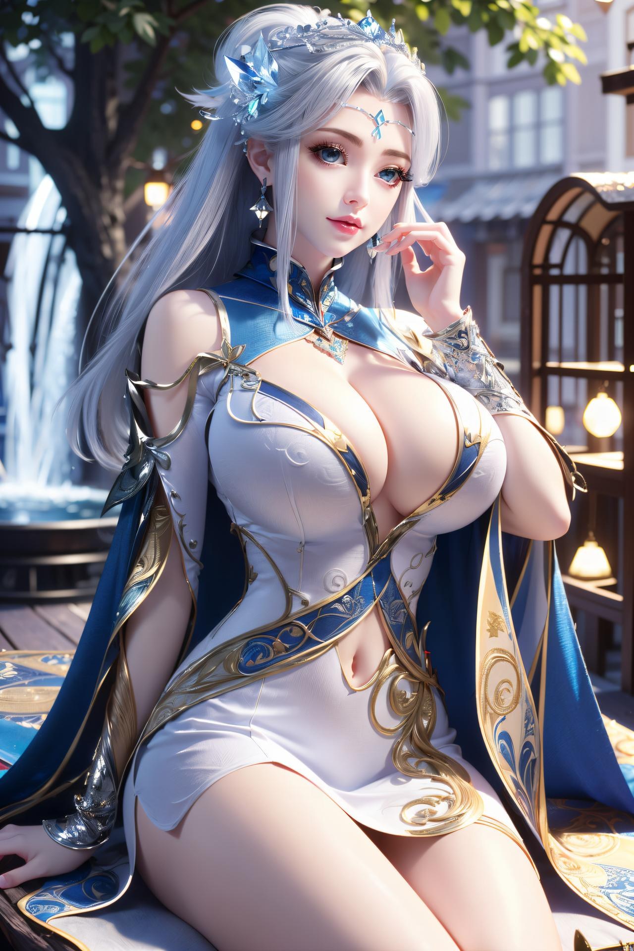 AI Nudes - 寧雨蝶 銀髪青裙水景のAIヌード画像集 75P