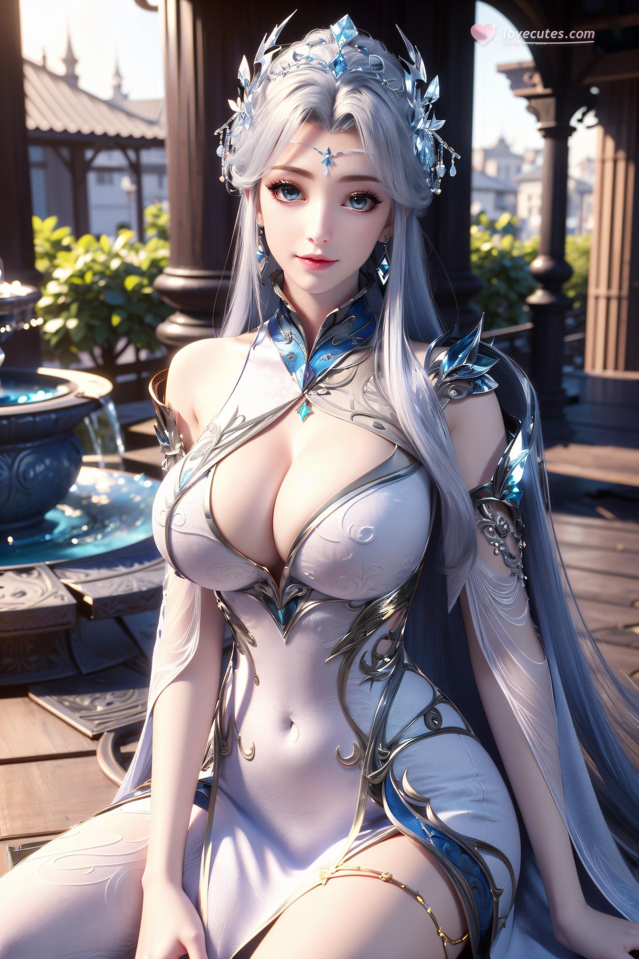 AI Nudes - 寧雨蝶 銀髪青裙水景のAIヌード画像集 75P