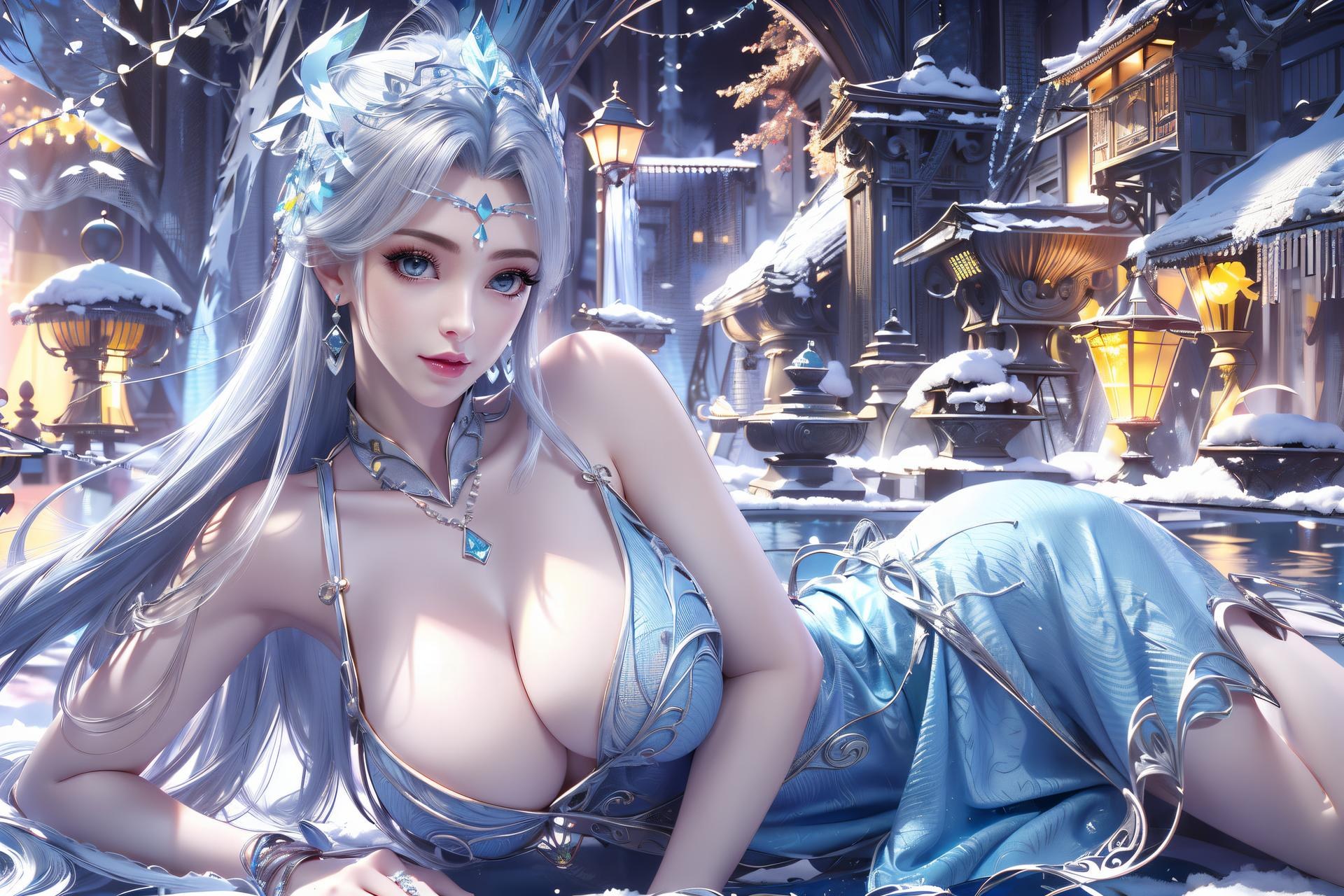 AI Nudes - 寧雨蝶 銀髪青裙水景のAIヌード画像集 75P