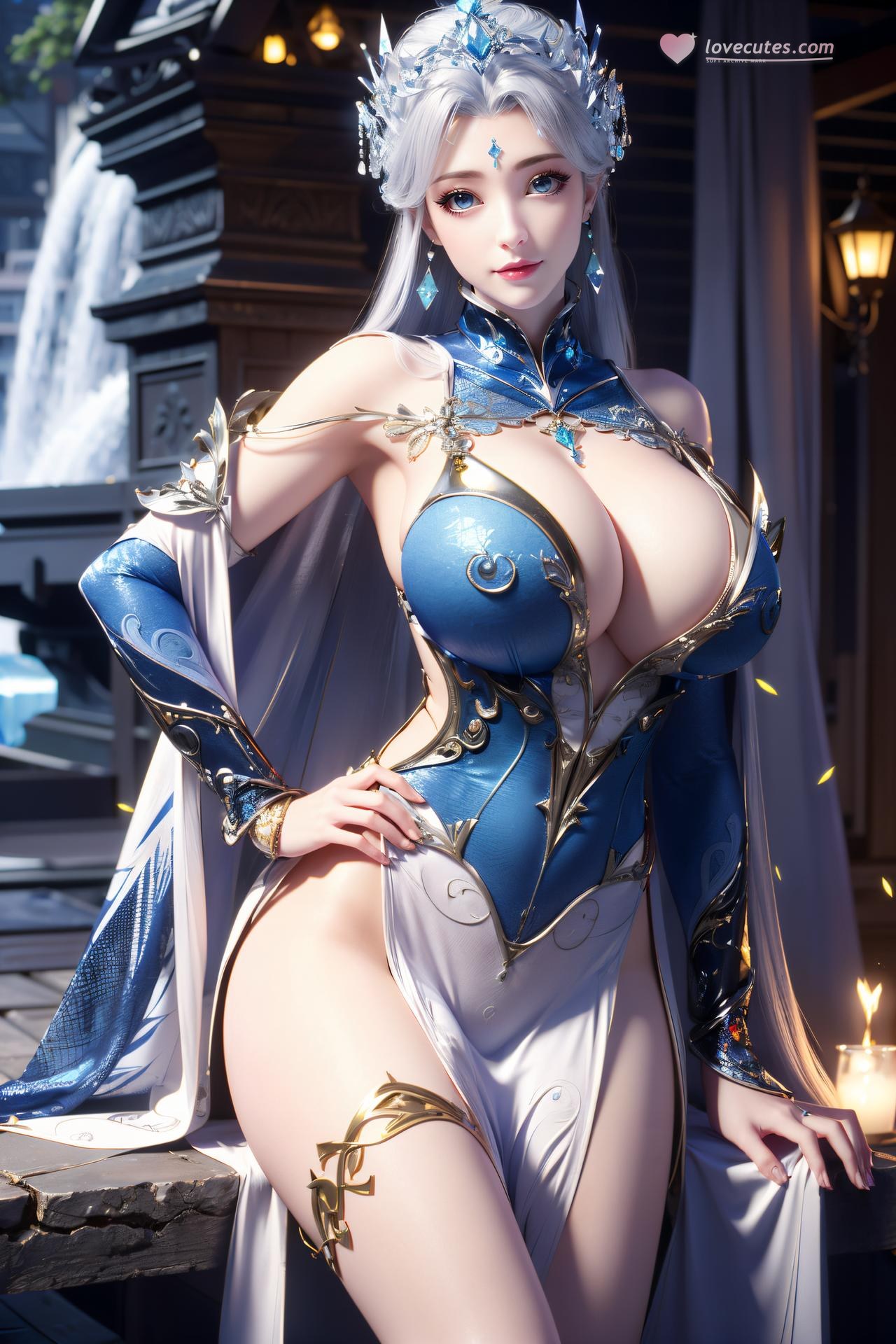 AI Nudes - 寧雨蝶 銀髪青裙水景のAIヌード画像集 75P