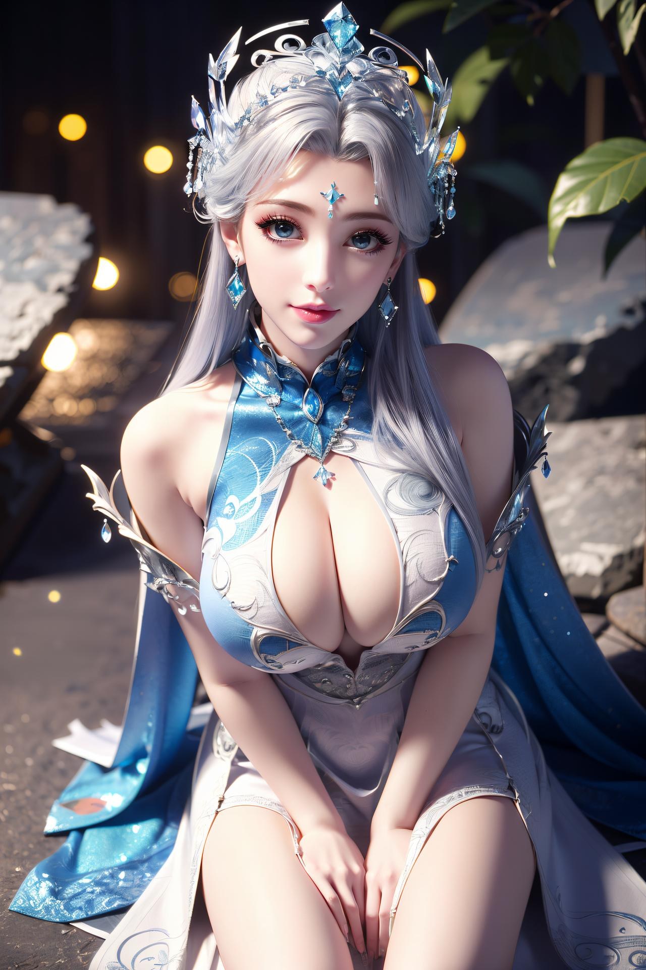 AI Nudes - 寧雨蝶 銀髪青裙水景のAIヌード画像集 75P