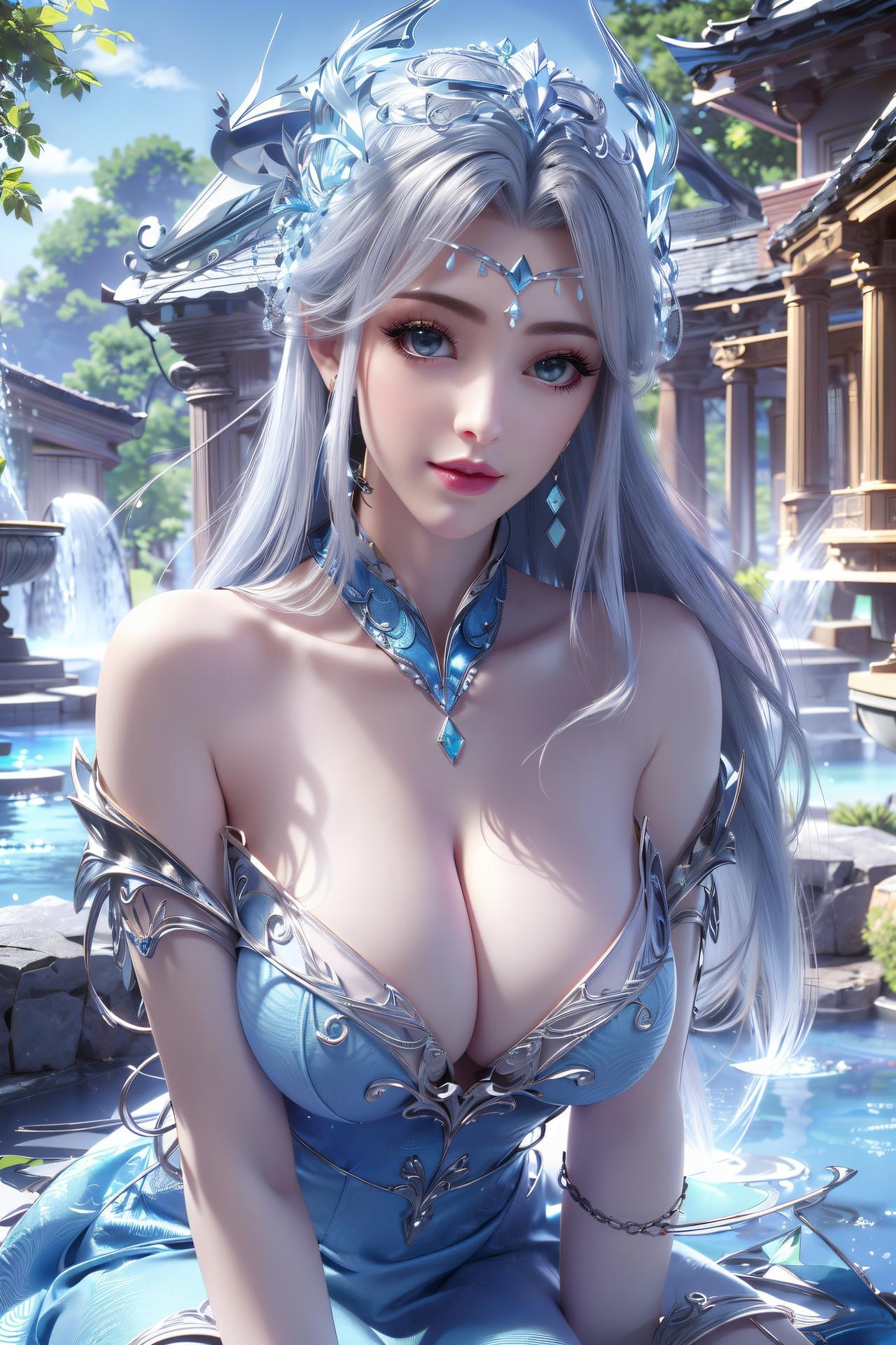 AI Nudes - 寧雨蝶 銀髪青裙水景のAIヌード画像集 75P