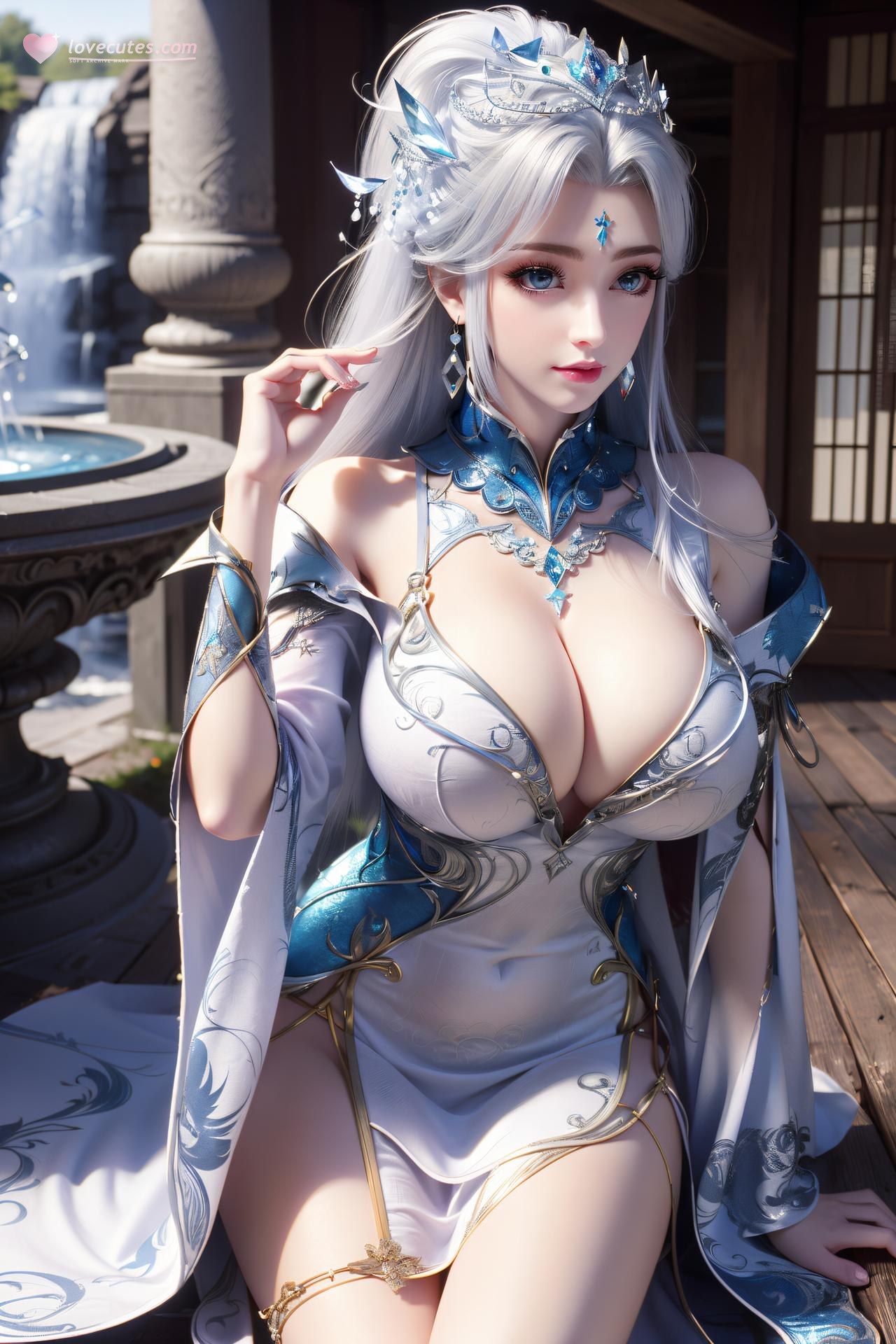AI Nudes - 寧雨蝶 銀髪青裙水景のAIヌード画像集 75P