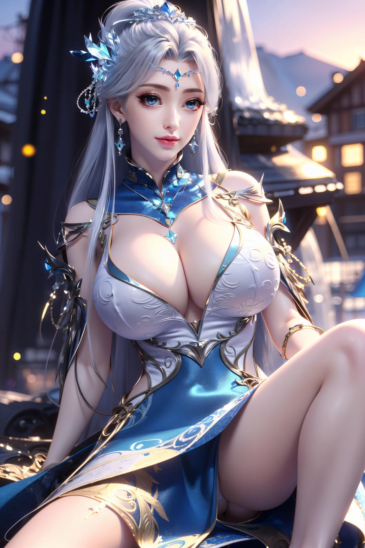 AI Nudes - 寧雨蝶 銀髪青裙水景のAIヌード画像集 75P