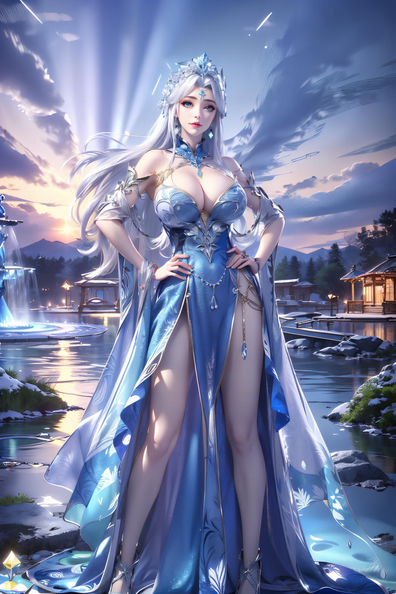 AI Nudes - 寧雨蝶 銀髪青裙水景のAIヌード画像集 75P