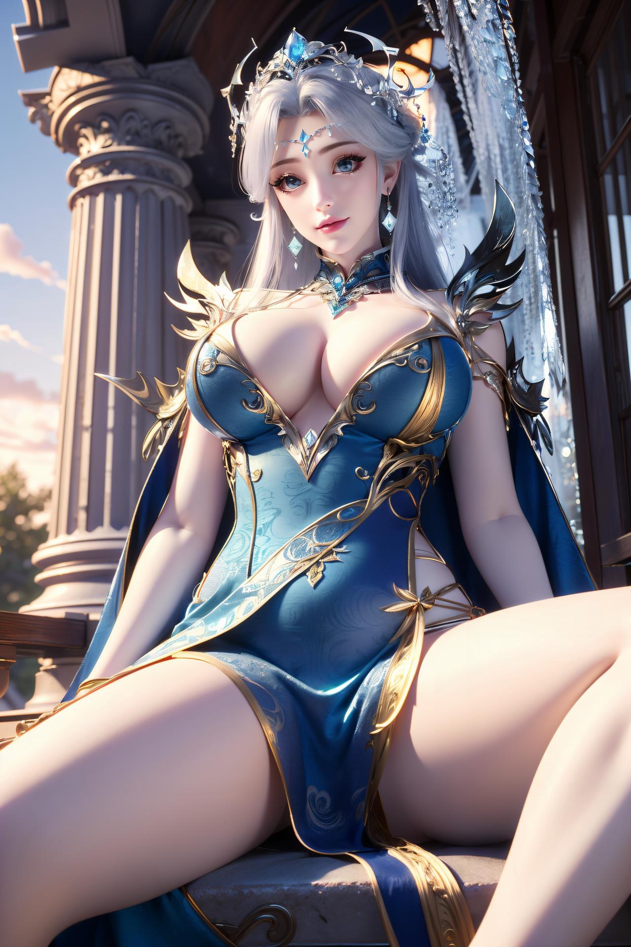 AI Nudes - 寧雨蝶 銀髪青裙水景のAIヌード画像集 75P