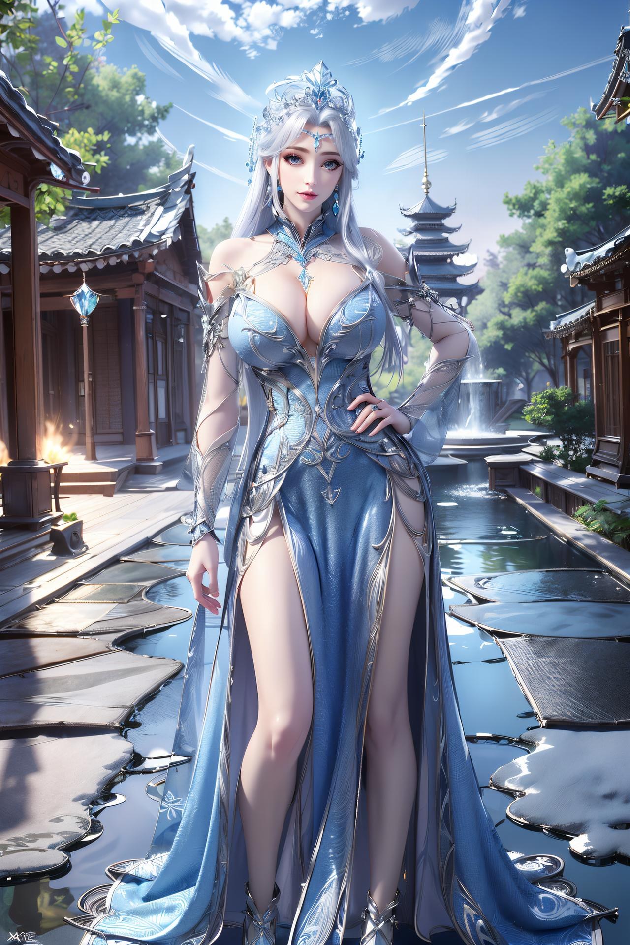 AI Nudes - 宁雨蝶：银发蓝裙水景露穴写真 75P