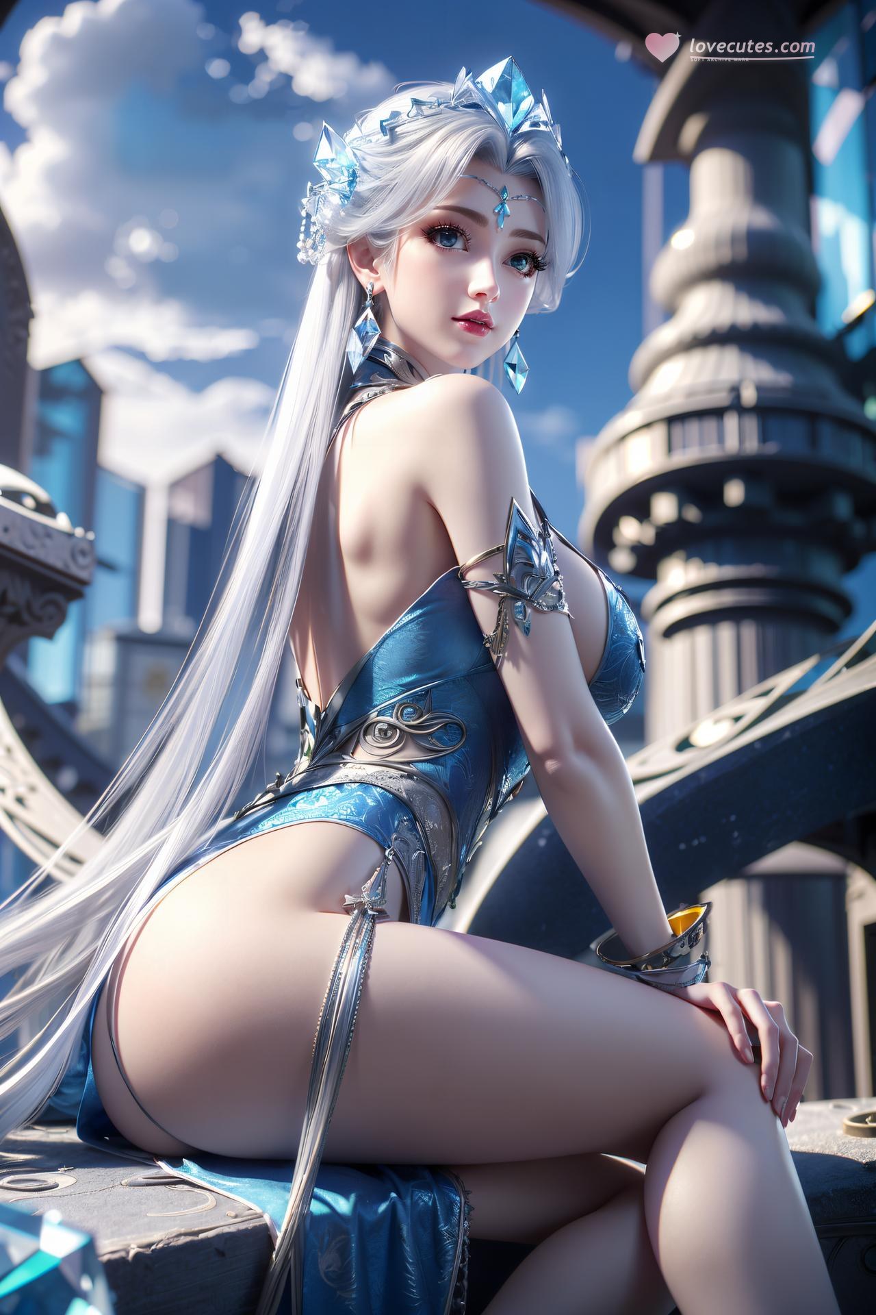 AI Nudes - 宁雨蝶：银发蓝裙水景露穴写真 75P
