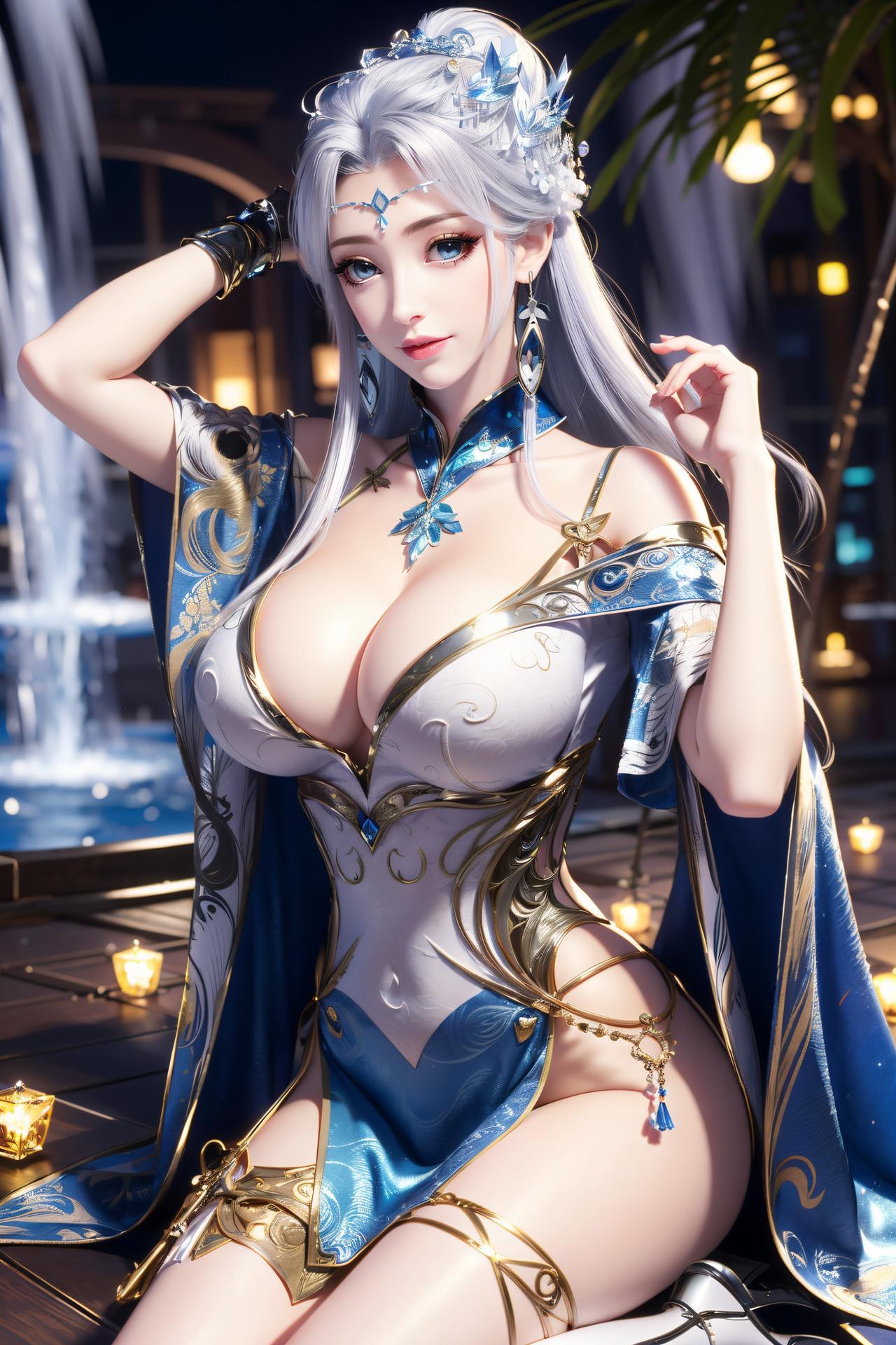 AI Nudes - 寧雨蝶：銀髮藍裙水景露穴寫真 75P