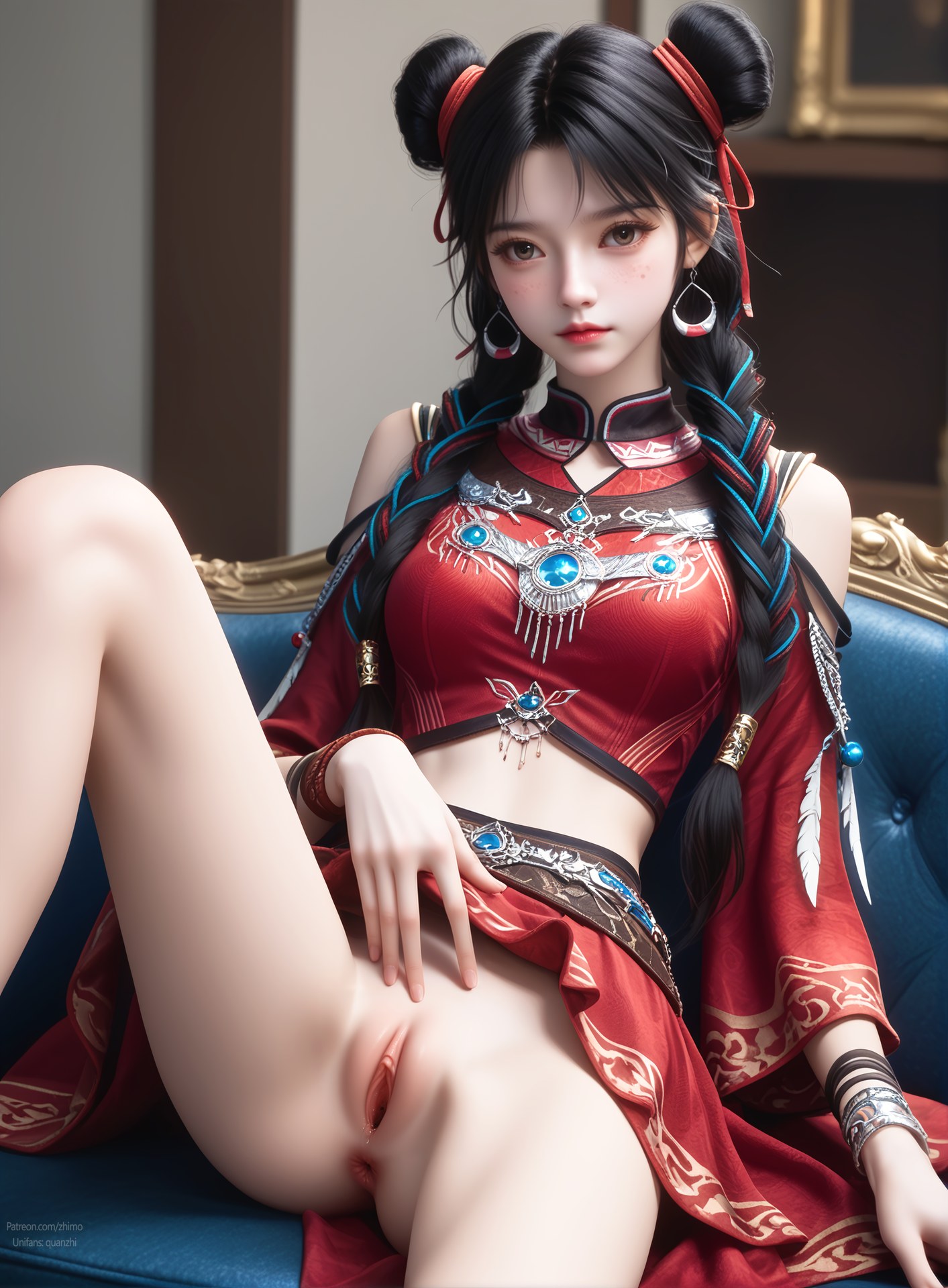 AI Nudes - 택천기 바이뤄헝 붉은 의상 더블 번 AI 누드 갤러리 105P