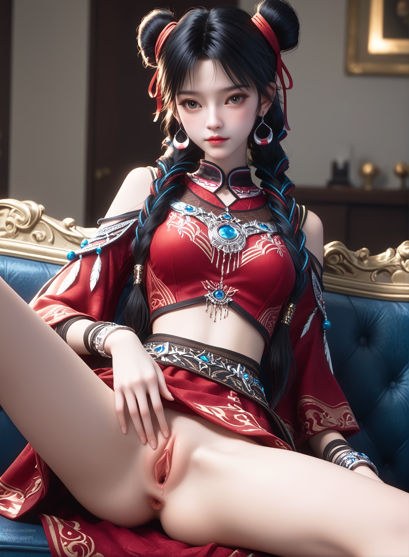 AI Nudes - 택천기 바이뤄헝 붉은 의상 더블 번 AI 누드 갤러리 105P