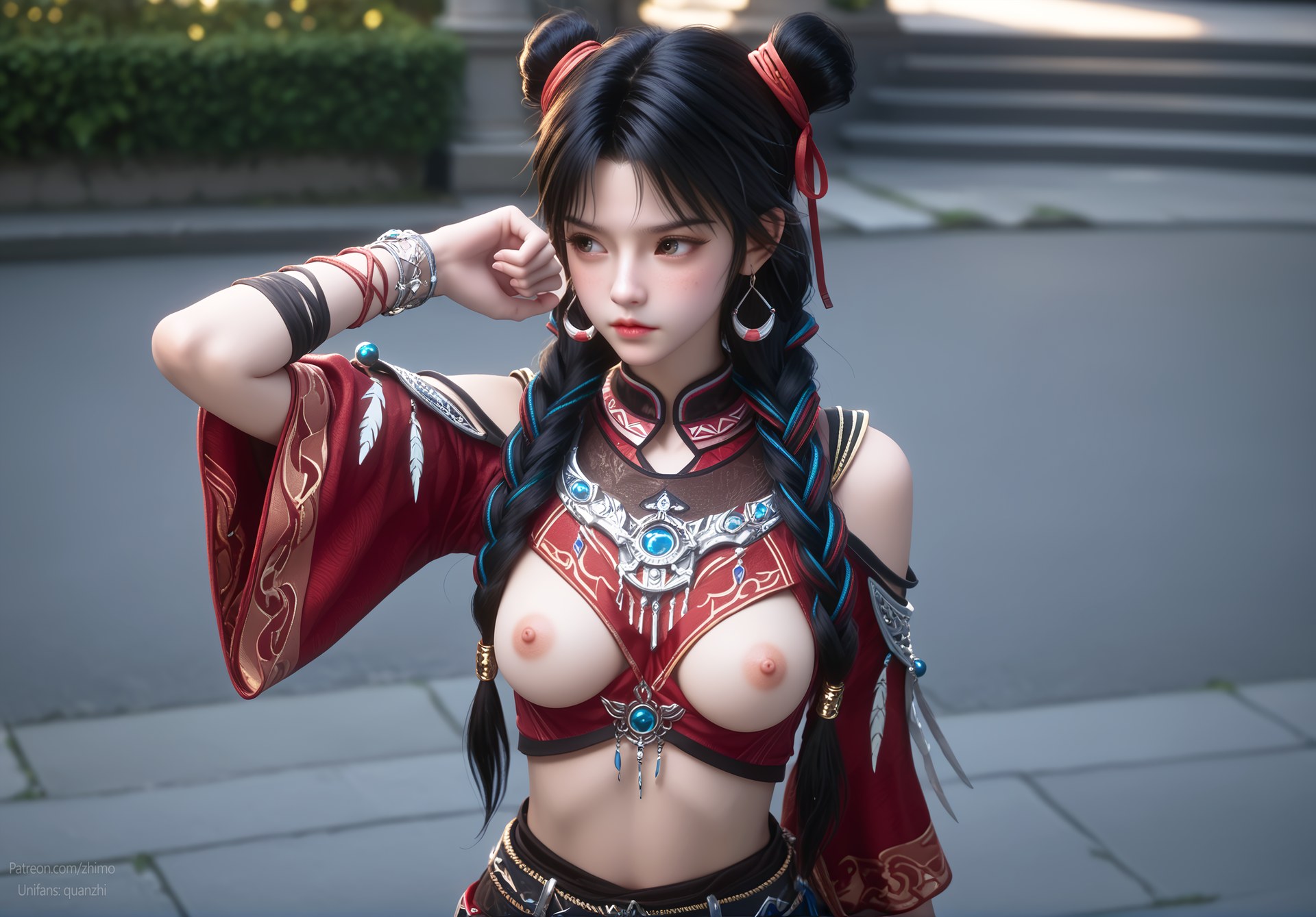 AI Nudes - Bạch Lạc Hành váy đỏ tóc búi đôi 105P
