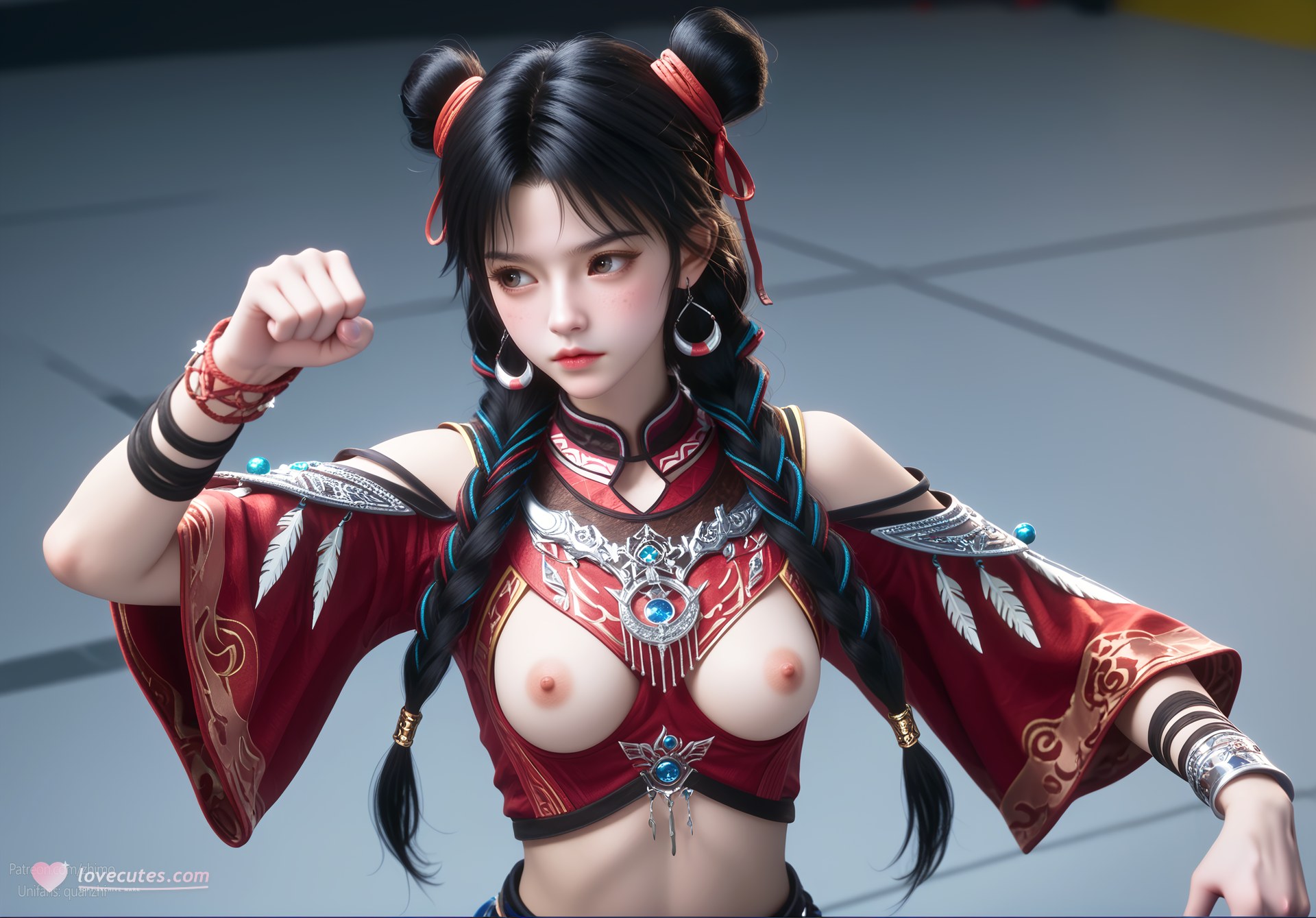 AI Nudes - Bạch Lạc Hành váy đỏ tóc búi đôi 105P