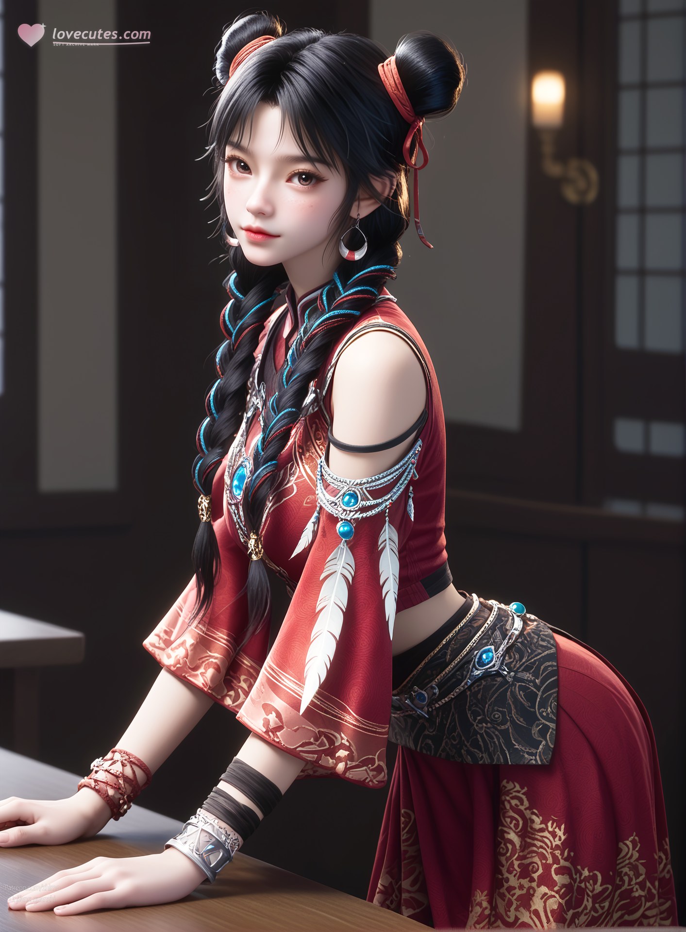 AI Nudes - Bạch Lạc Hành váy đỏ tóc búi đôi 105P
