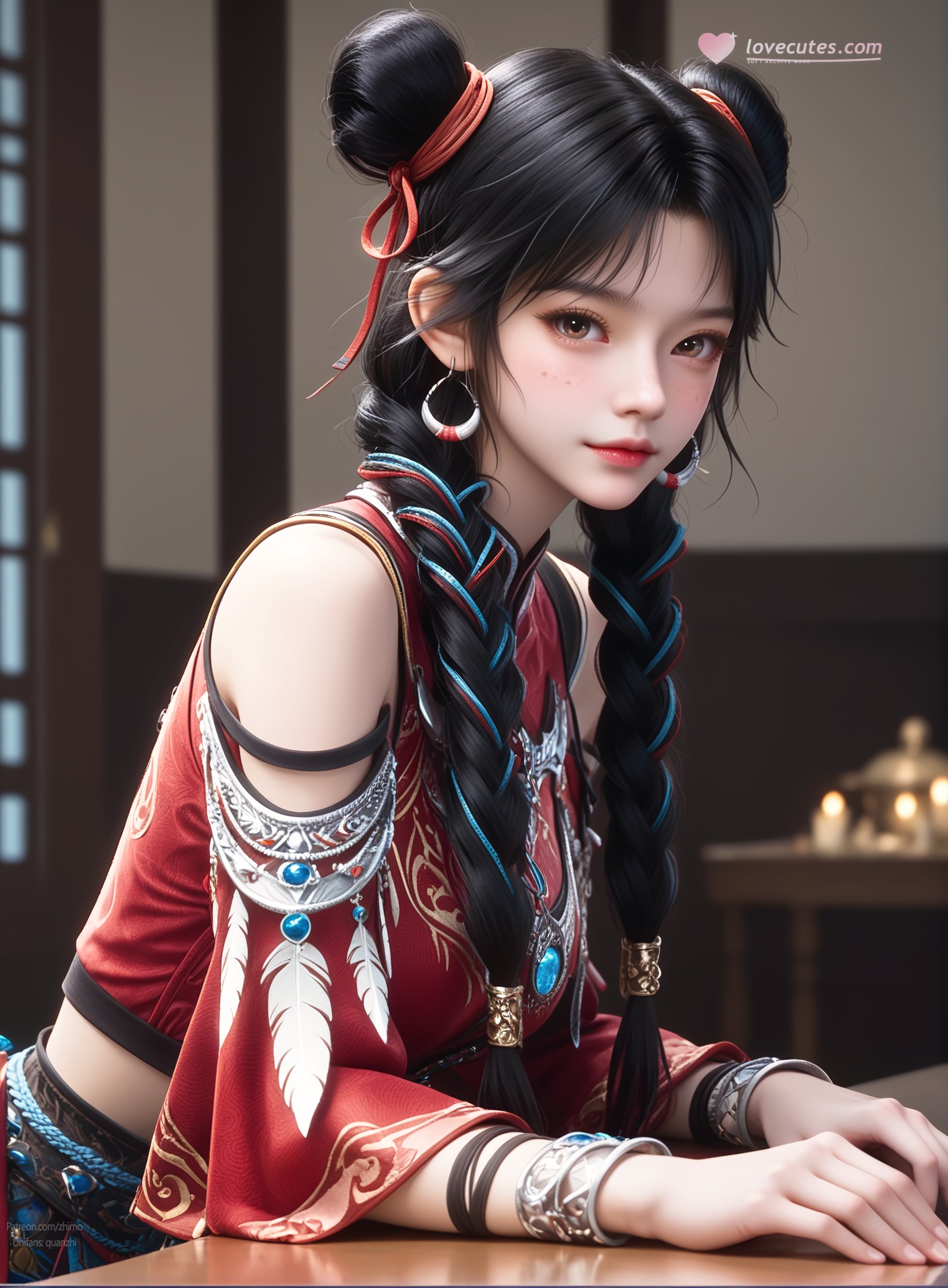AI Nudes - Bạch Lạc Hành váy đỏ tóc búi đôi 105P