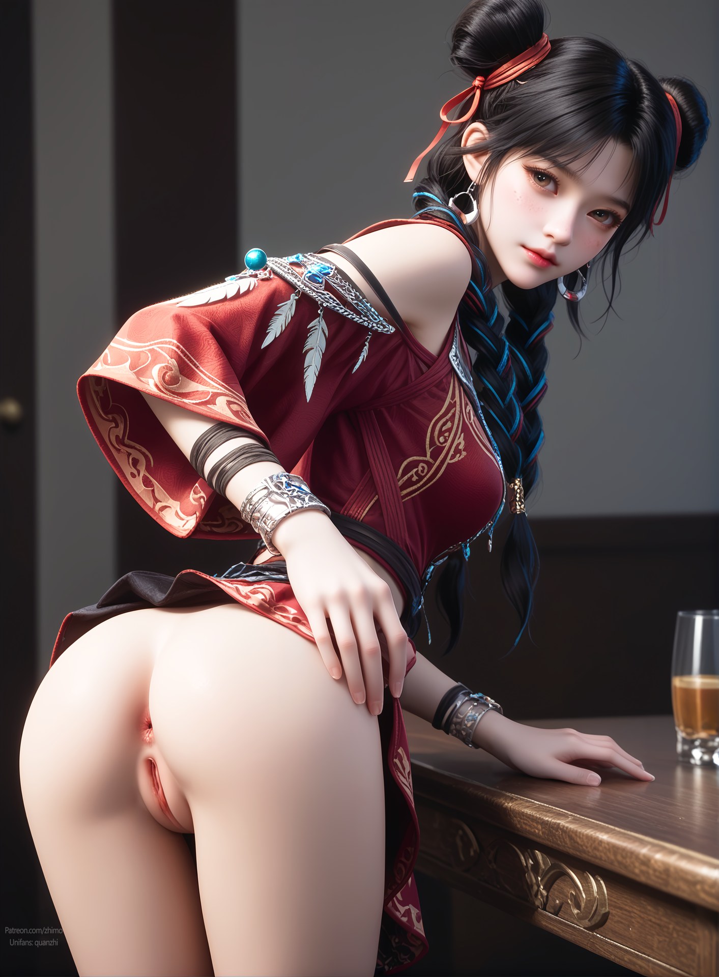 AI Nudes - Bạch Lạc Hành váy đỏ tóc búi đôi 105P