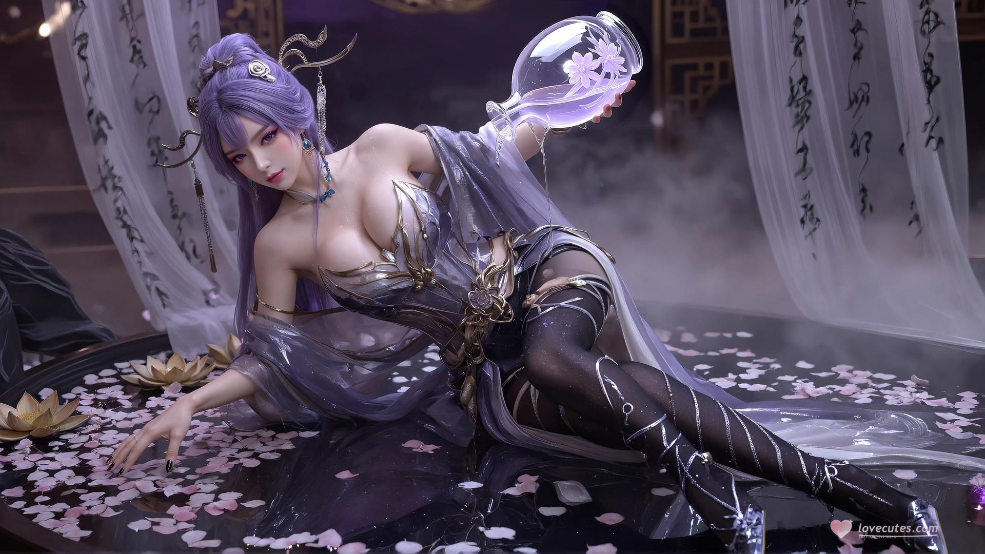 AI Porn - Xin Tianqiong Purple Hair Black Stockings Lingerie Gallery 59P