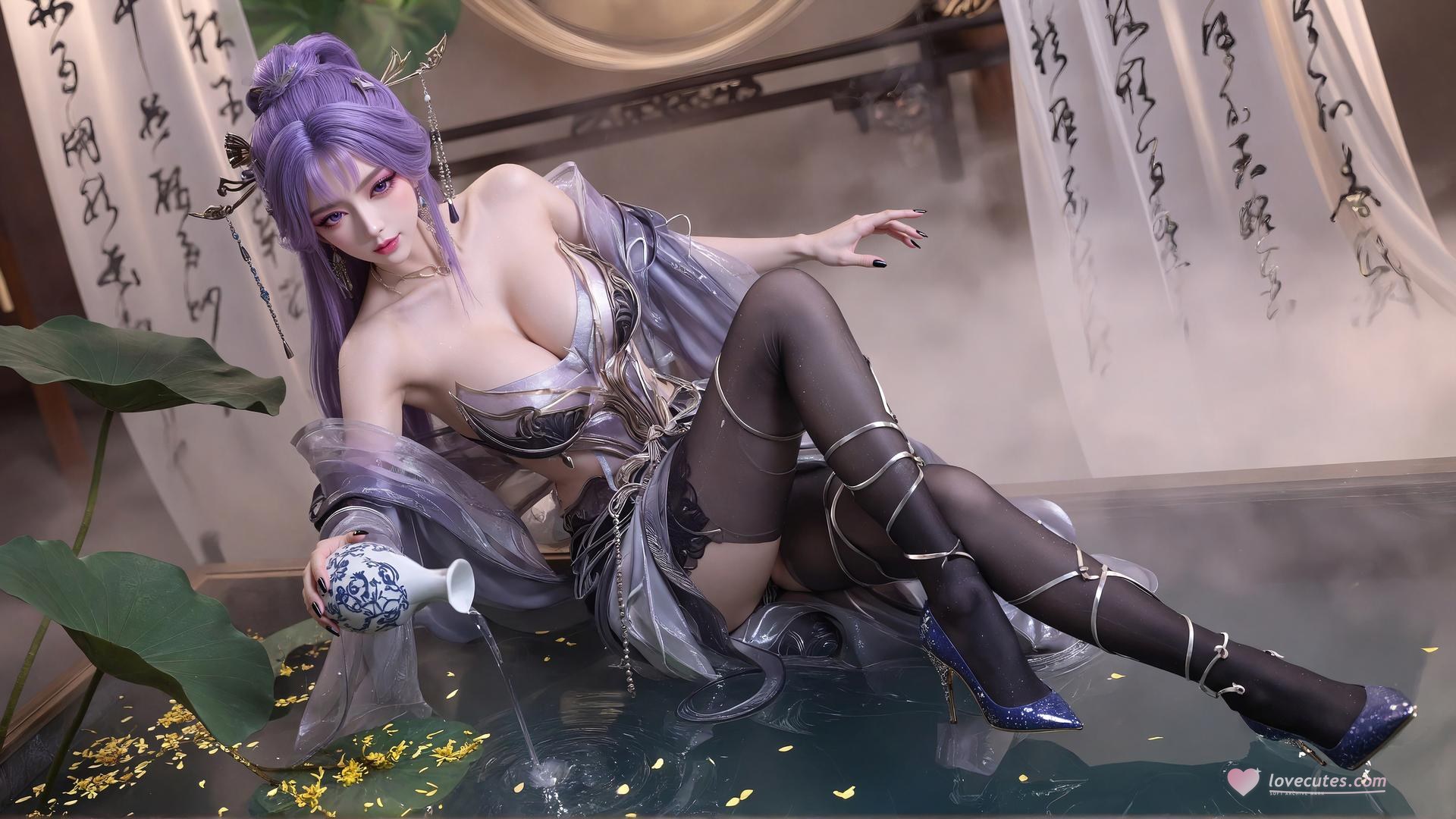 AI Porn - Xin Tianqiong Purple Hair Black Stockings Lingerie Gallery 59P