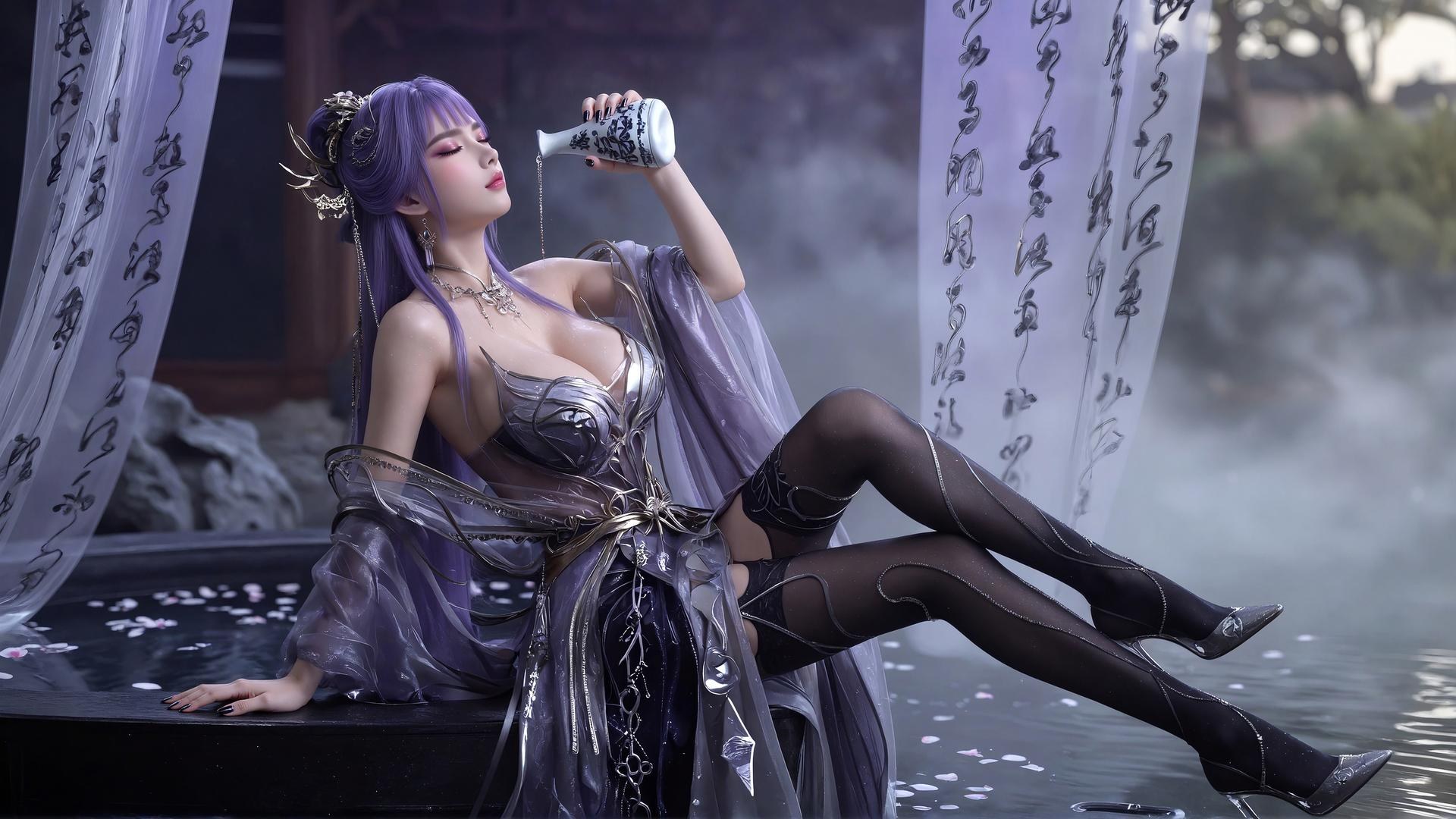 AI Porn - Xin Tianqiong Purple Hair Black Stockings Lingerie Gallery 59P