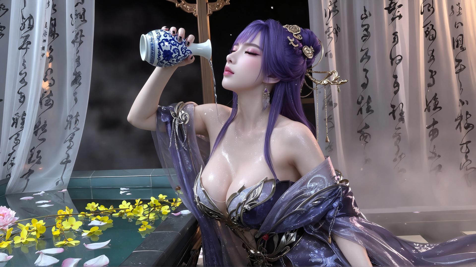 AI Porn - Xin Tianqiong Purple Hair Black Stockings Lingerie Gallery 59P