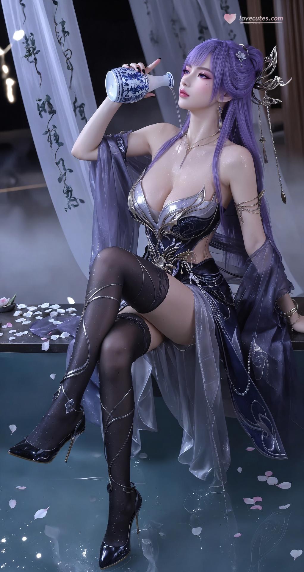 AI Porn - Xin Tianqiong Purple Hair Black Stockings Lingerie Gallery 59P