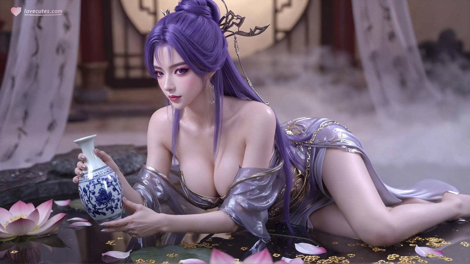 AI Porn - Xin Tianqiong Purple Hair Black Stockings Lingerie Gallery 59P