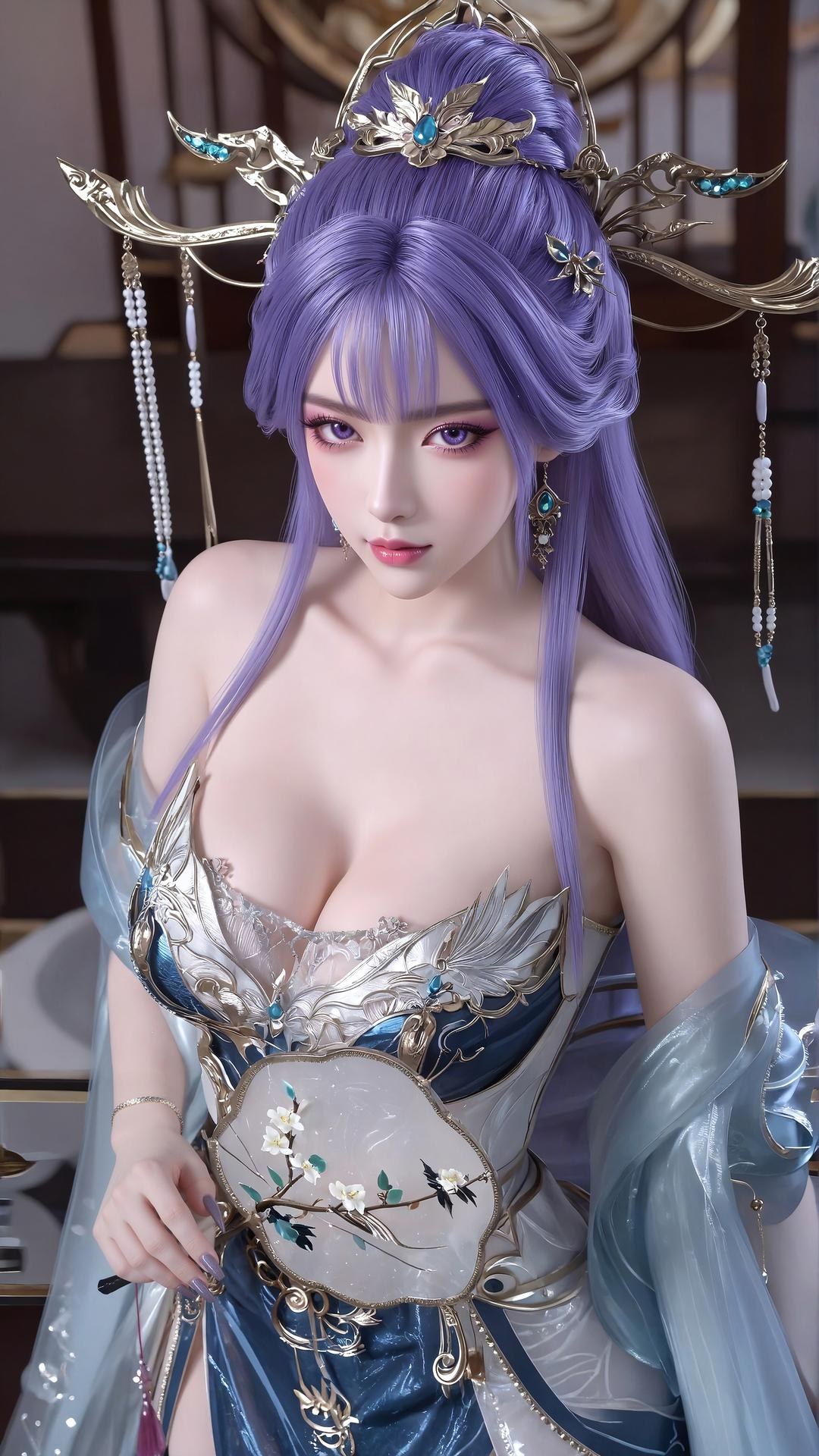 AI Porn - 新天穹 紫髪黒ストッキング ランジェリー AI成人画像集 59P