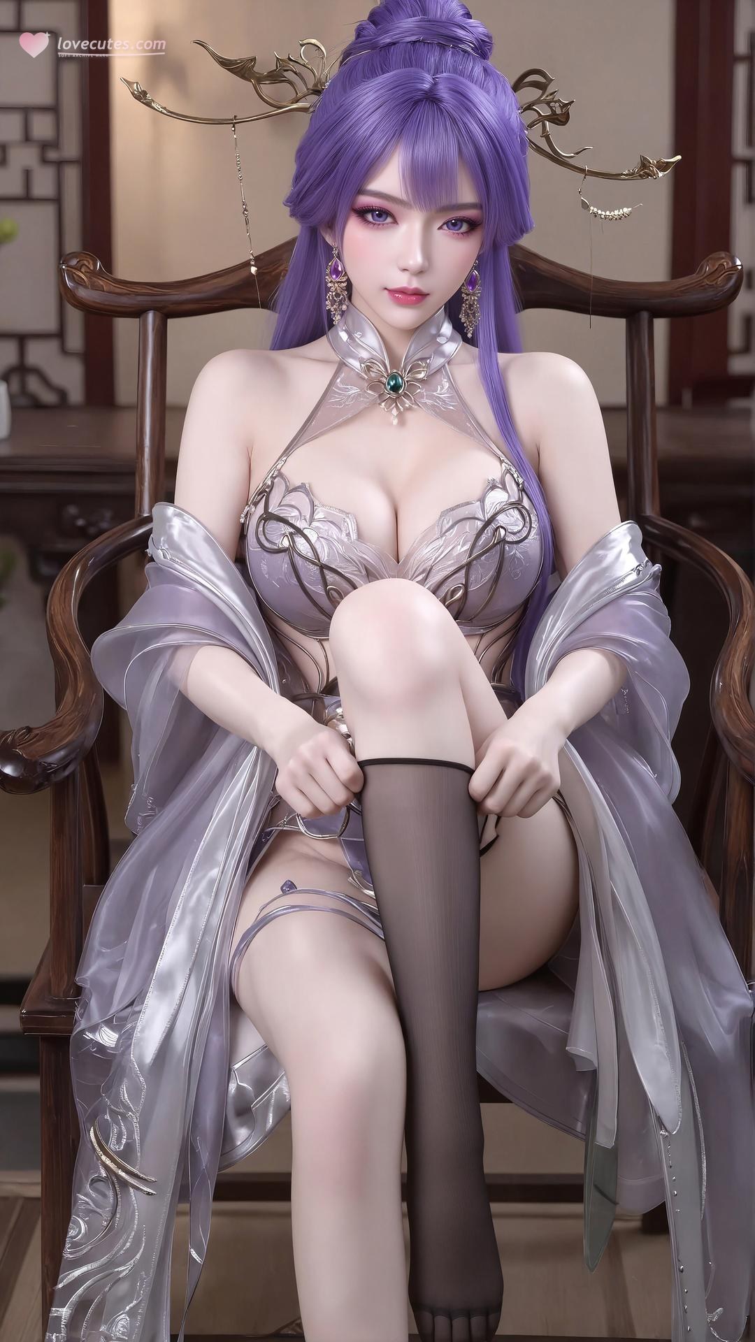 AI Porn - 新天穹 紫髪黒ストッキング ランジェリー AI成人画像集 59P