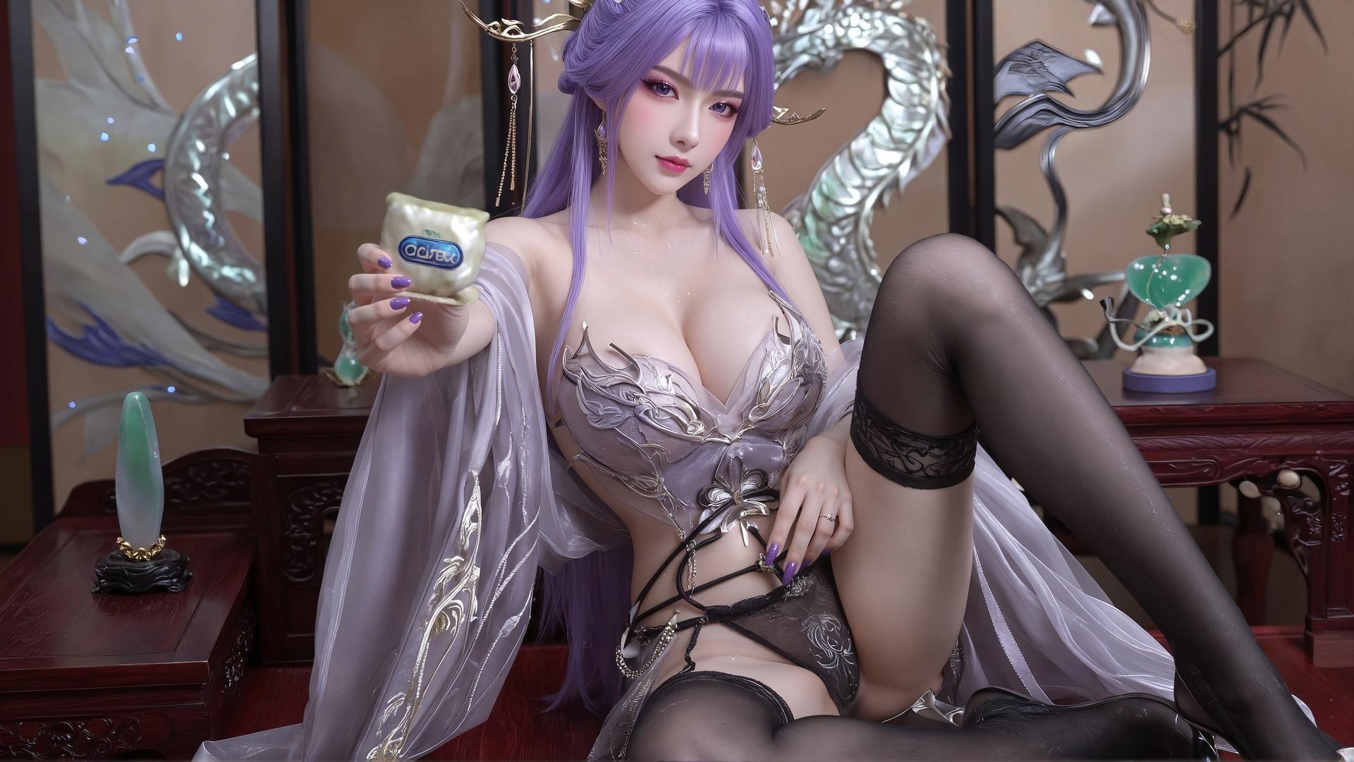 AI Porn - 新天穹 紫髪黒ストッキング ランジェリー AI成人画像集 59P
