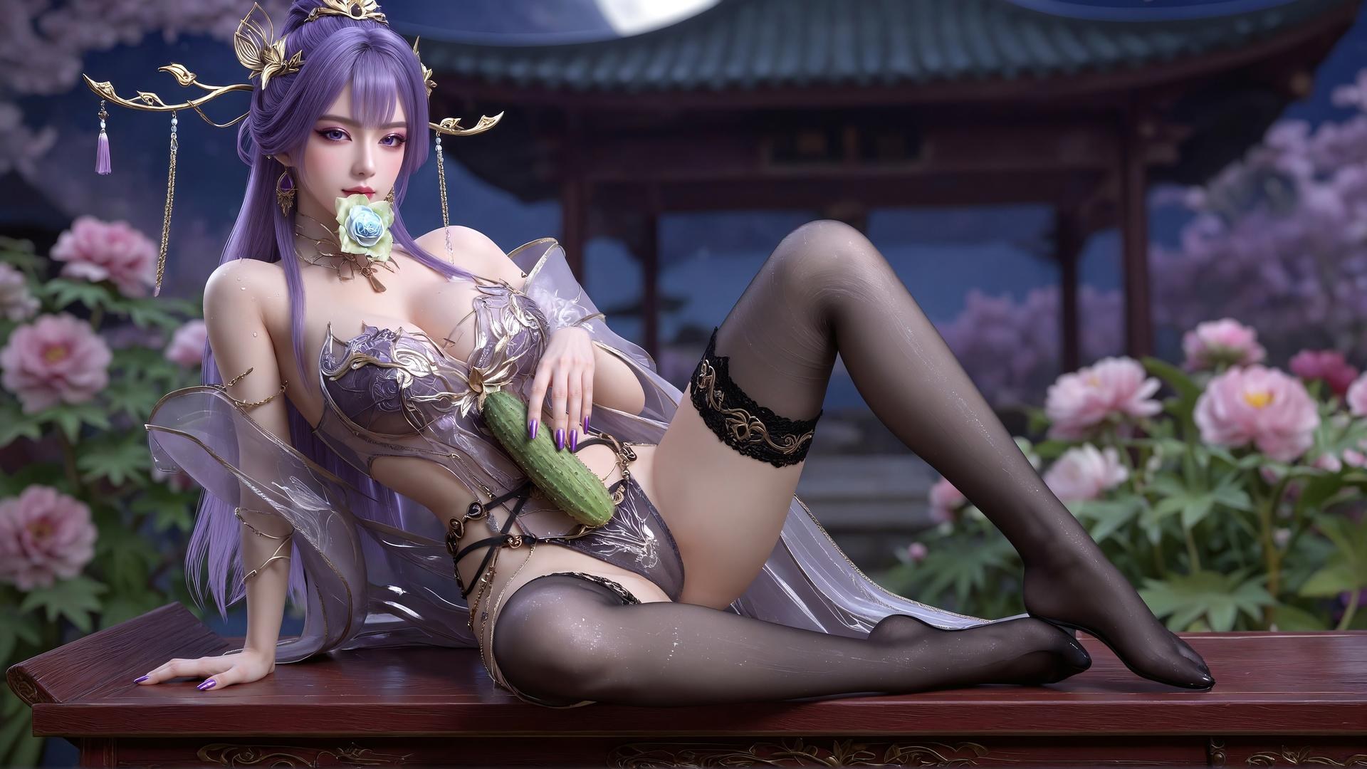 AI Porn - 新天穹：紫髮黑絲蕾絲內衣 AI 成人圖集 59P