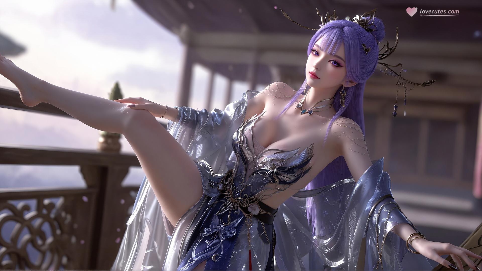 AI Porn - 新天穹：紫髮黑絲蕾絲內衣 AI 成人圖集 59P