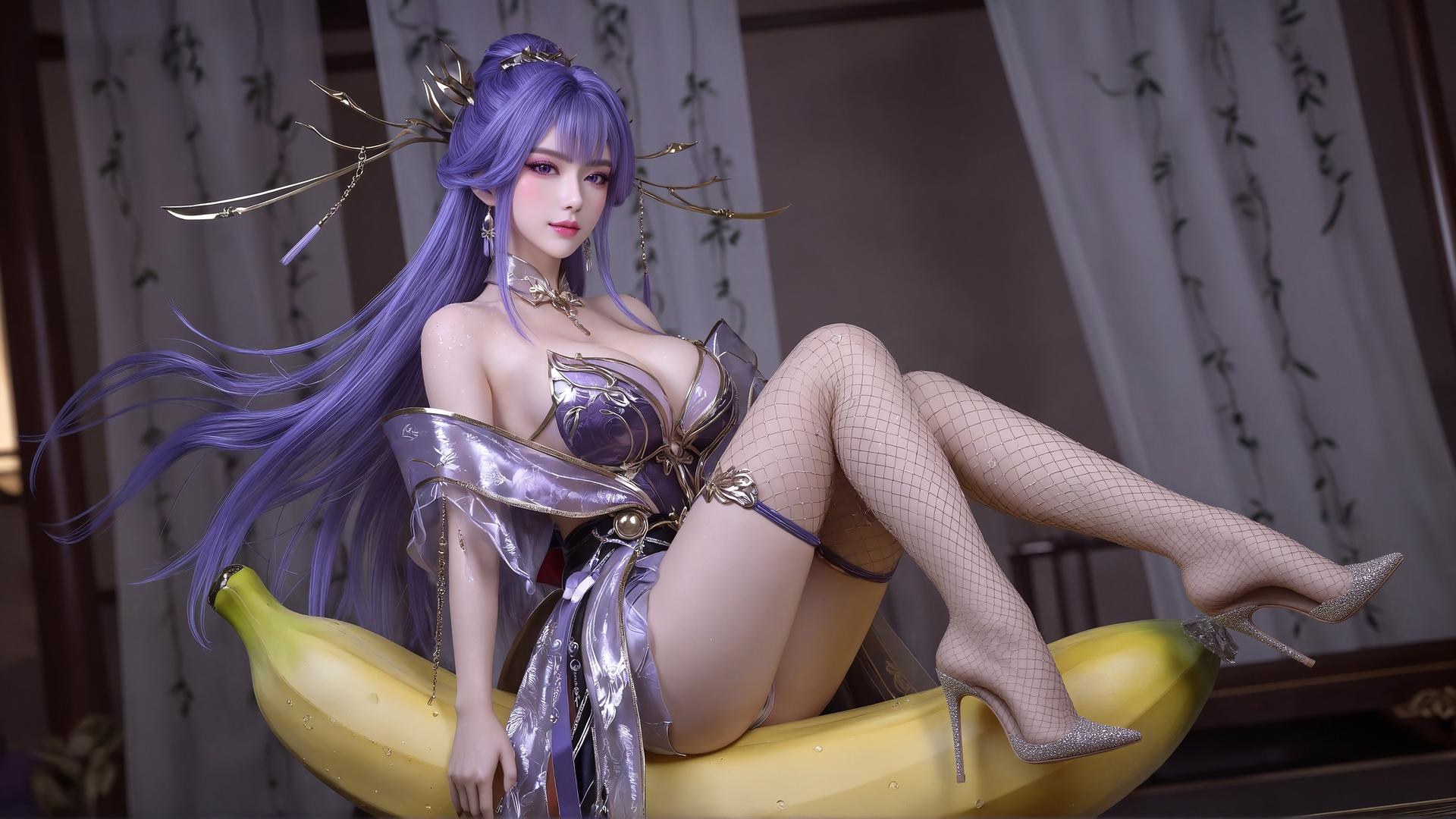AI Porn - 新天穹：紫髮黑絲蕾絲內衣 AI 成人圖集 59P