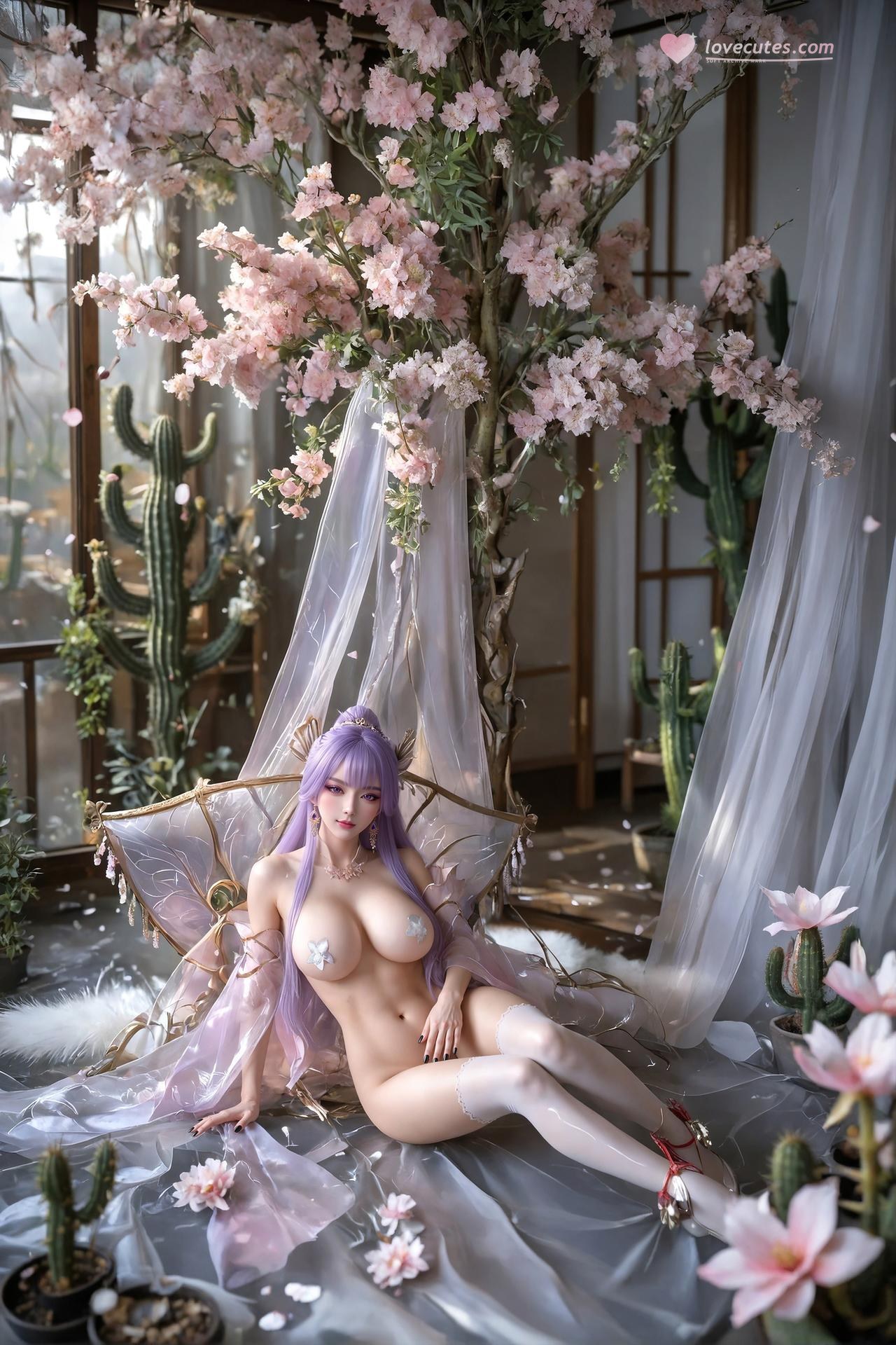 AI Porn - 新天穹：紫髮黑絲蕾絲內衣 AI 成人圖集 59P
