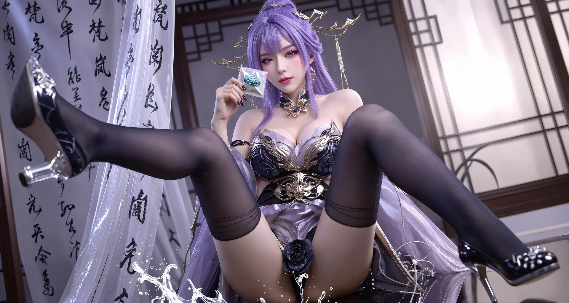 AI Porn - 新天穹：紫髮黑絲蕾絲內衣 AI 成人圖集 59P
