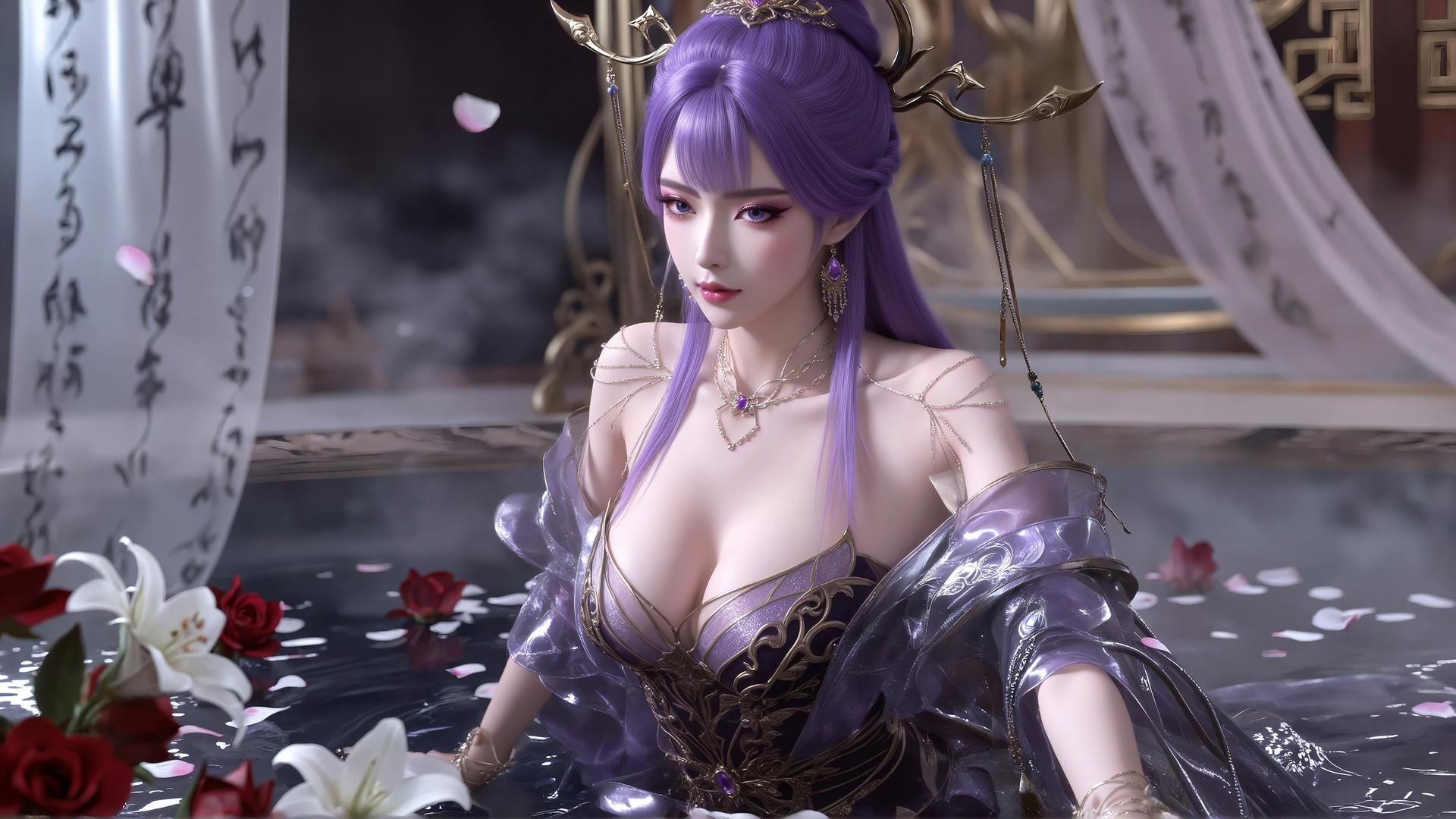 AI Porn - 新天穹：紫髮黑絲蕾絲內衣 AI 成人圖集 59P