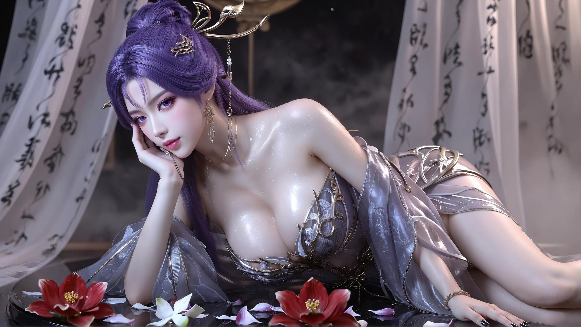 AI Porn - 新天穹：紫髮黑絲蕾絲內衣 AI 成人圖集 59P