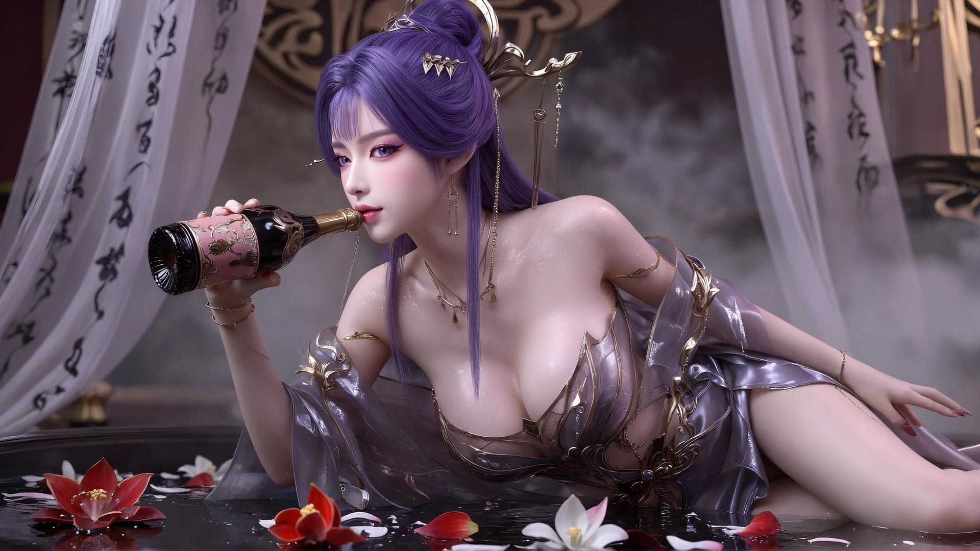 AI Porn - 新天穹：紫髮黑絲蕾絲內衣 AI 成人圖集 59P