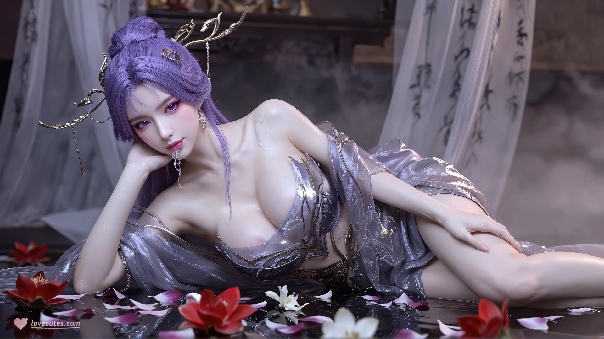 AI Porn - 新天穹：紫髮黑絲蕾絲內衣 AI 成人圖集 59P