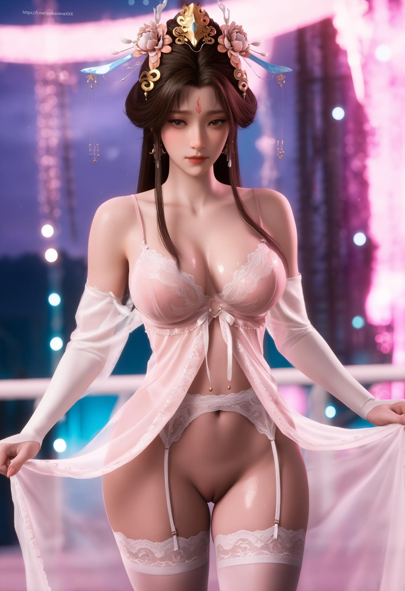 AI Porn - 伊輕舞：粉色短裙白絲夜景露穴圖集 166P