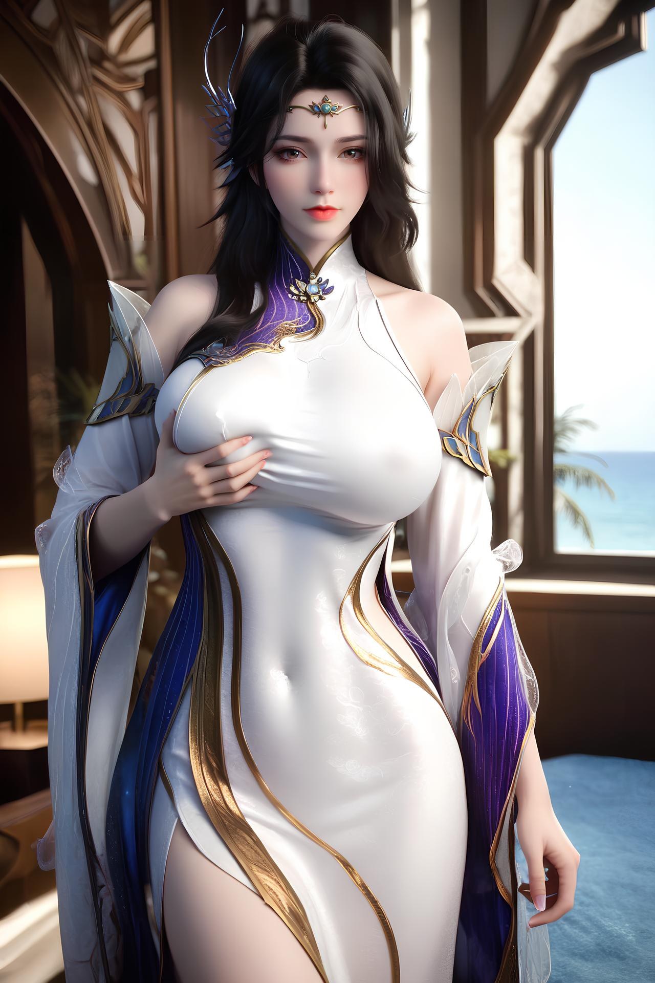 AI Nudes - Xuanyi White-Purple Palace Dress Bed Gallery 172P