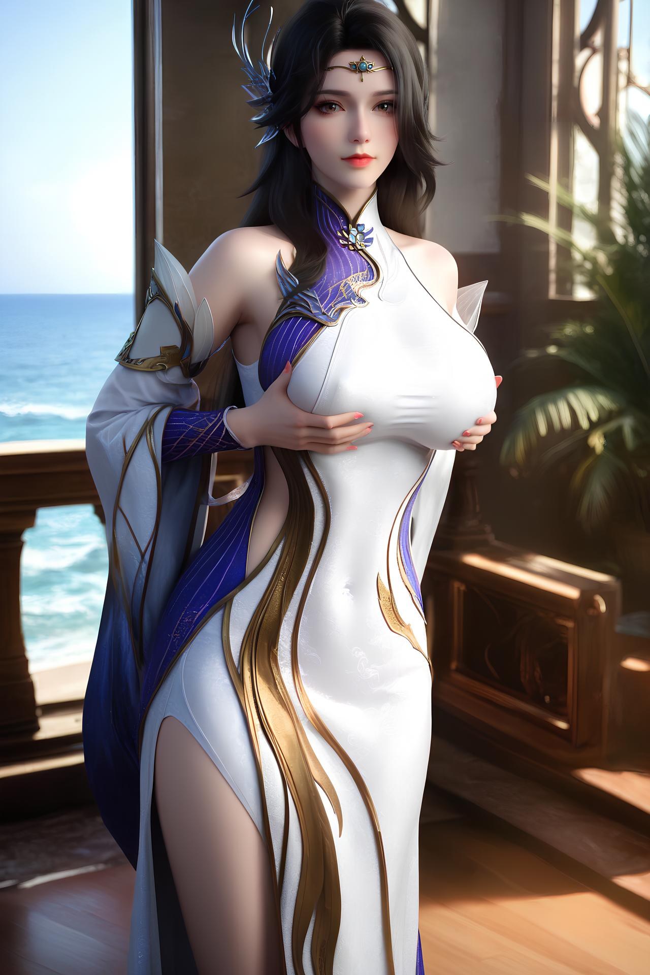 AI Nudes - Xuanyi White-Purple Palace Dress Bed Gallery 172P