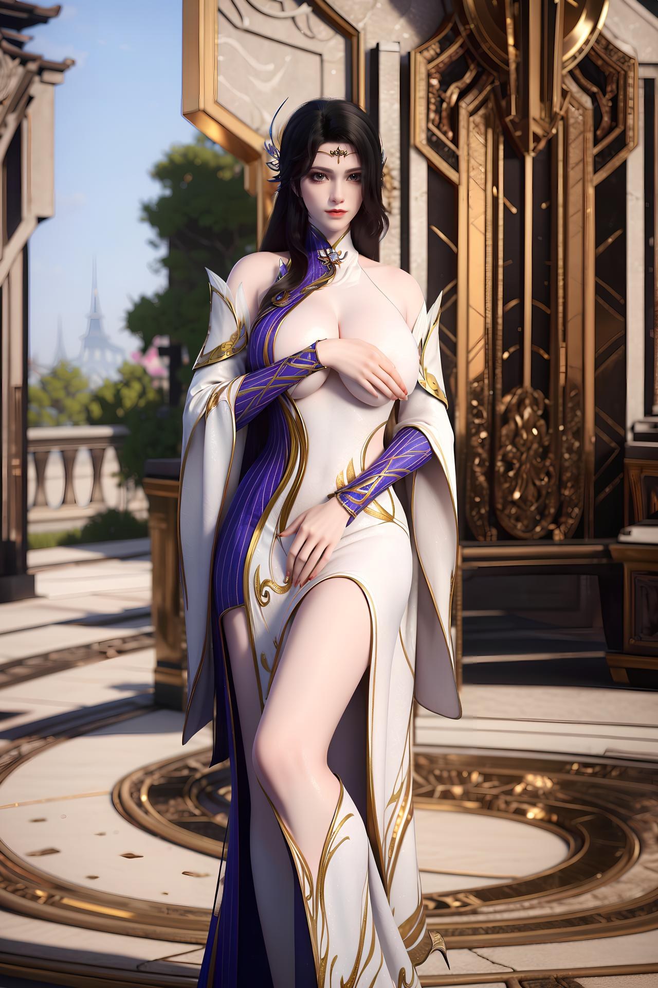 AI Nudes - Xuanyi White-Purple Palace Dress Bed Gallery 172P
