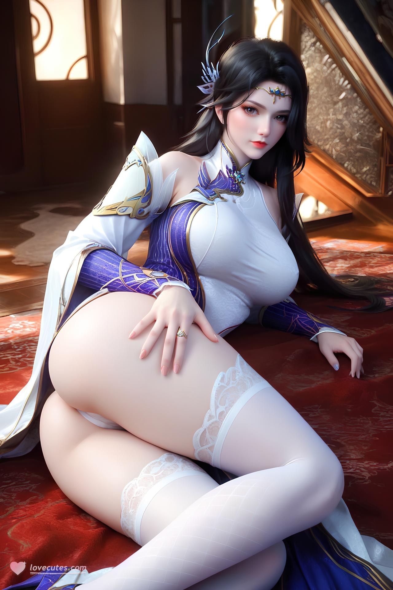 AI Nudes - Xuanyi White-Purple Palace Dress Bed Gallery 172P