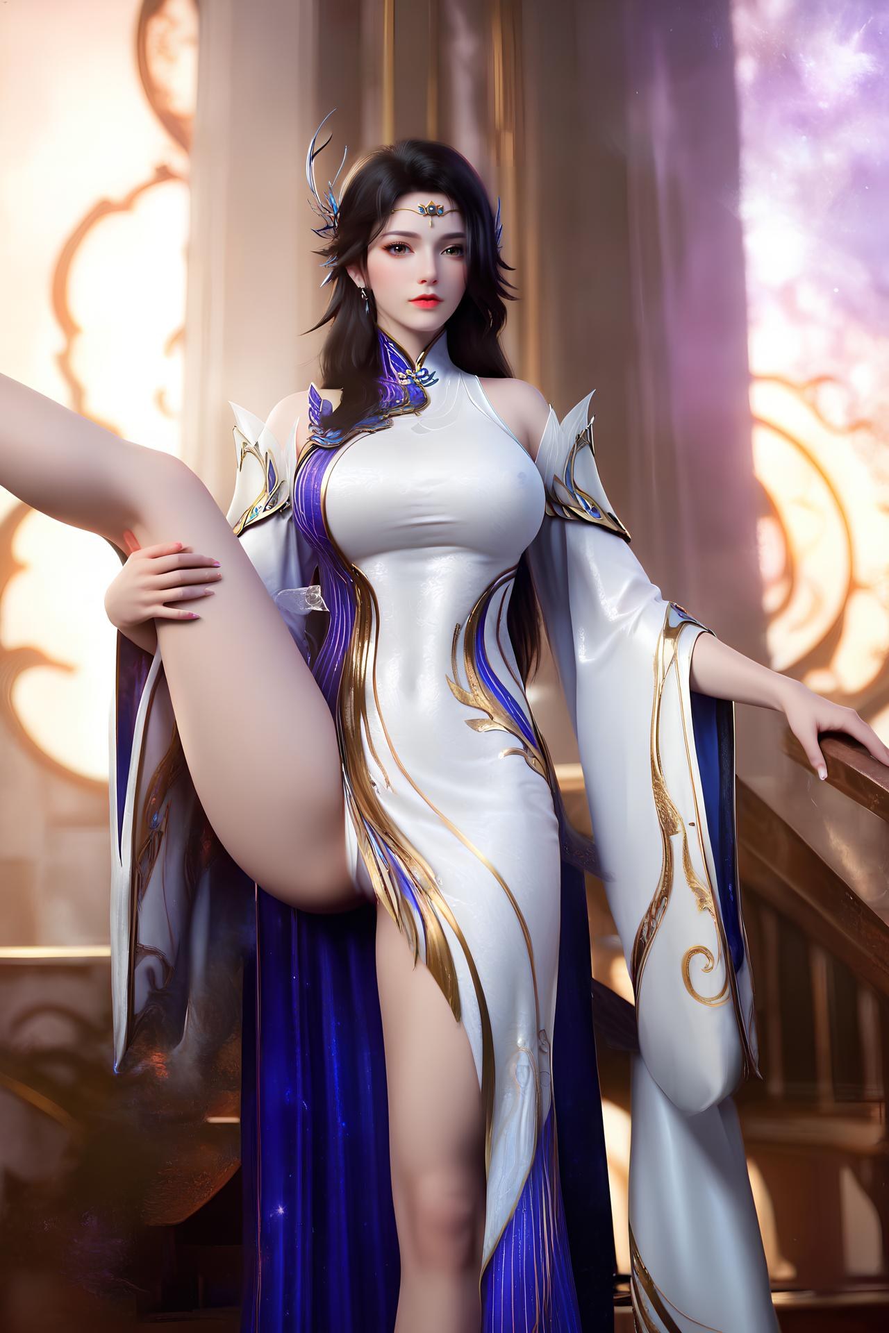 AI Nudes - Xuanyi White-Purple Palace Dress Bed Gallery 172P