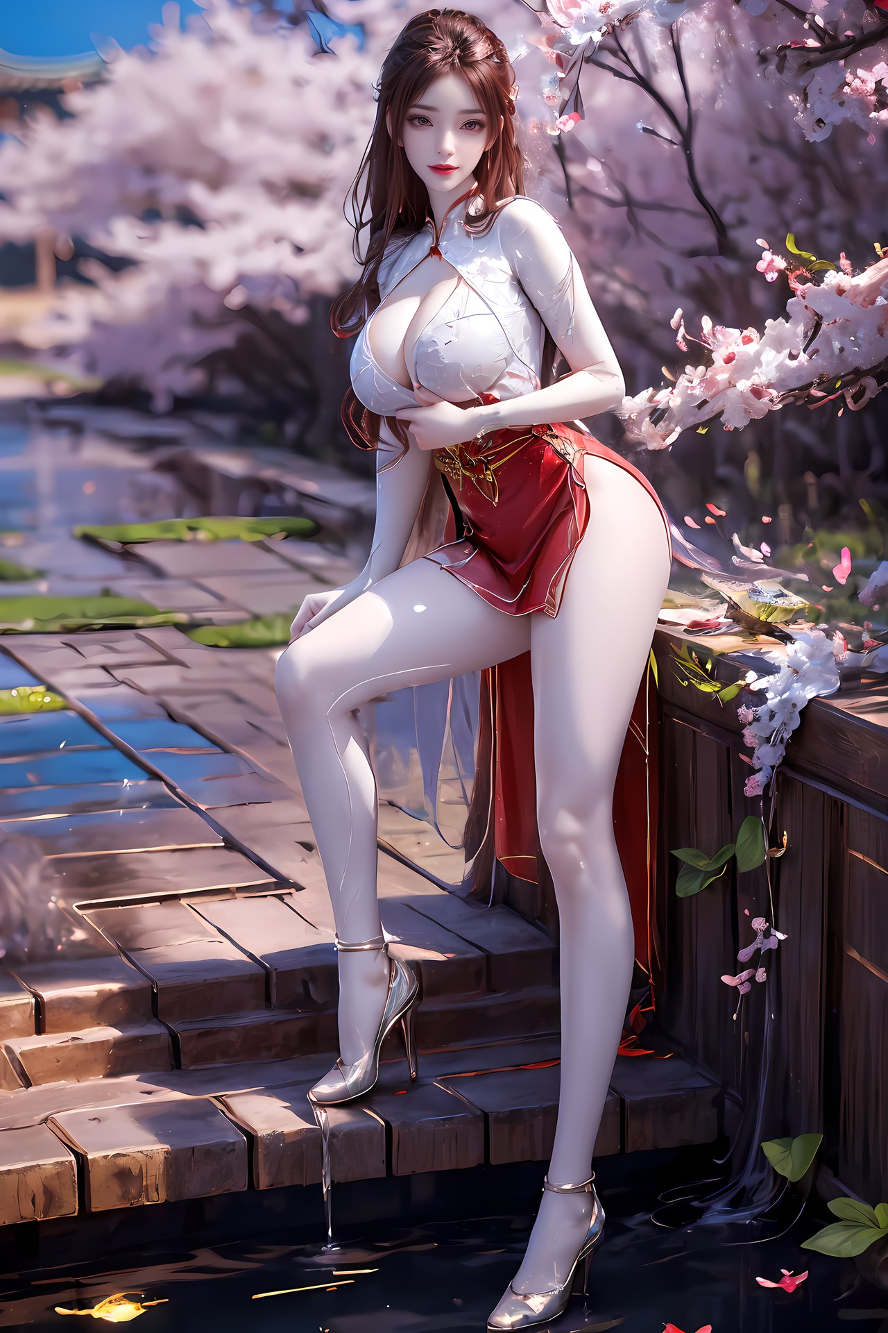 AI Nudes - 紅凰：紅色古風水景露穴圖集 76P